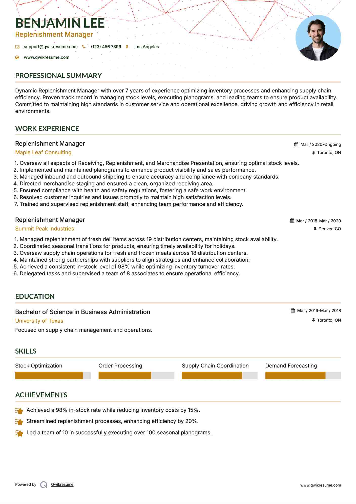 Replenishment Manager Resume Template