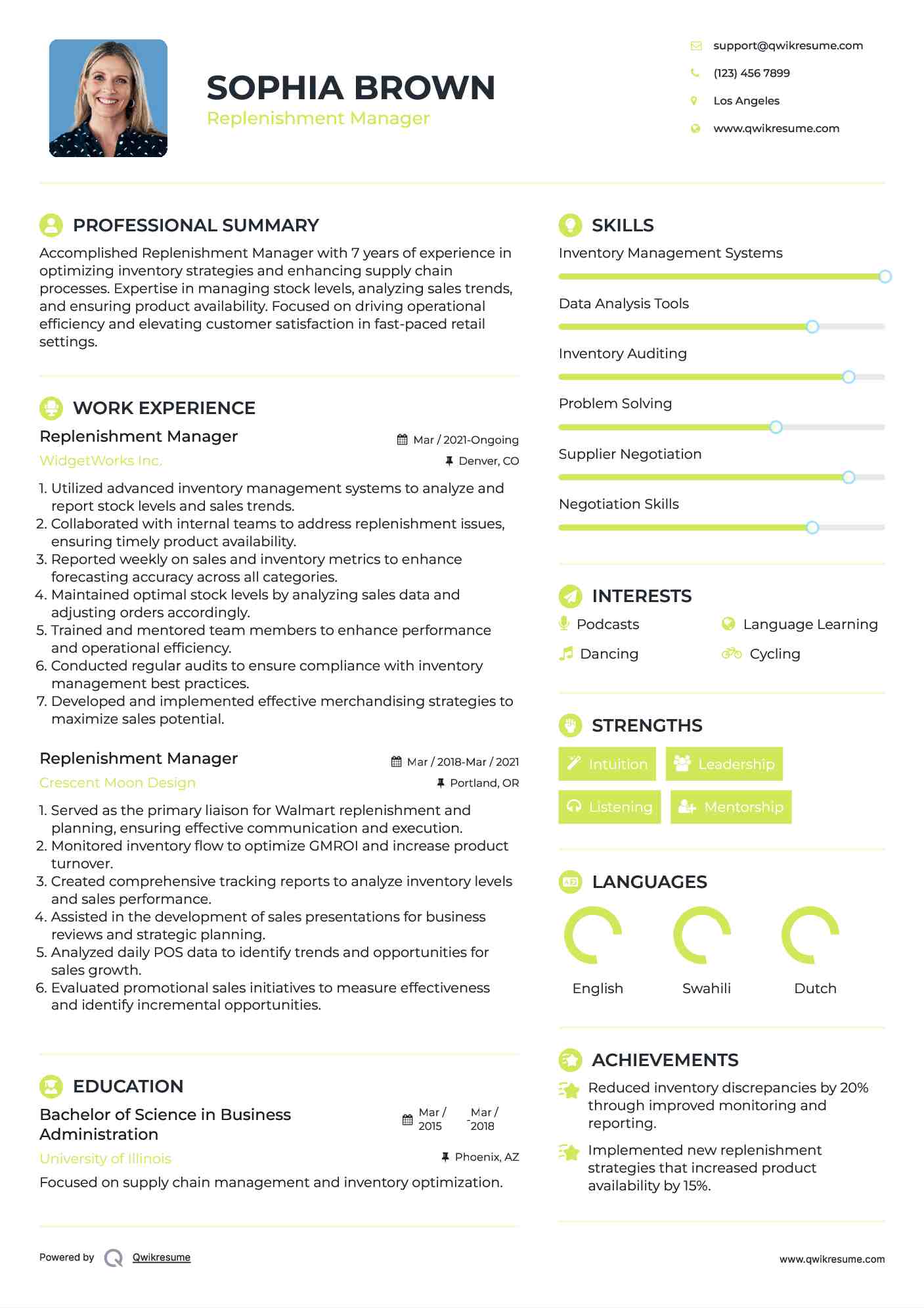 Replenishment Manager Resume Model