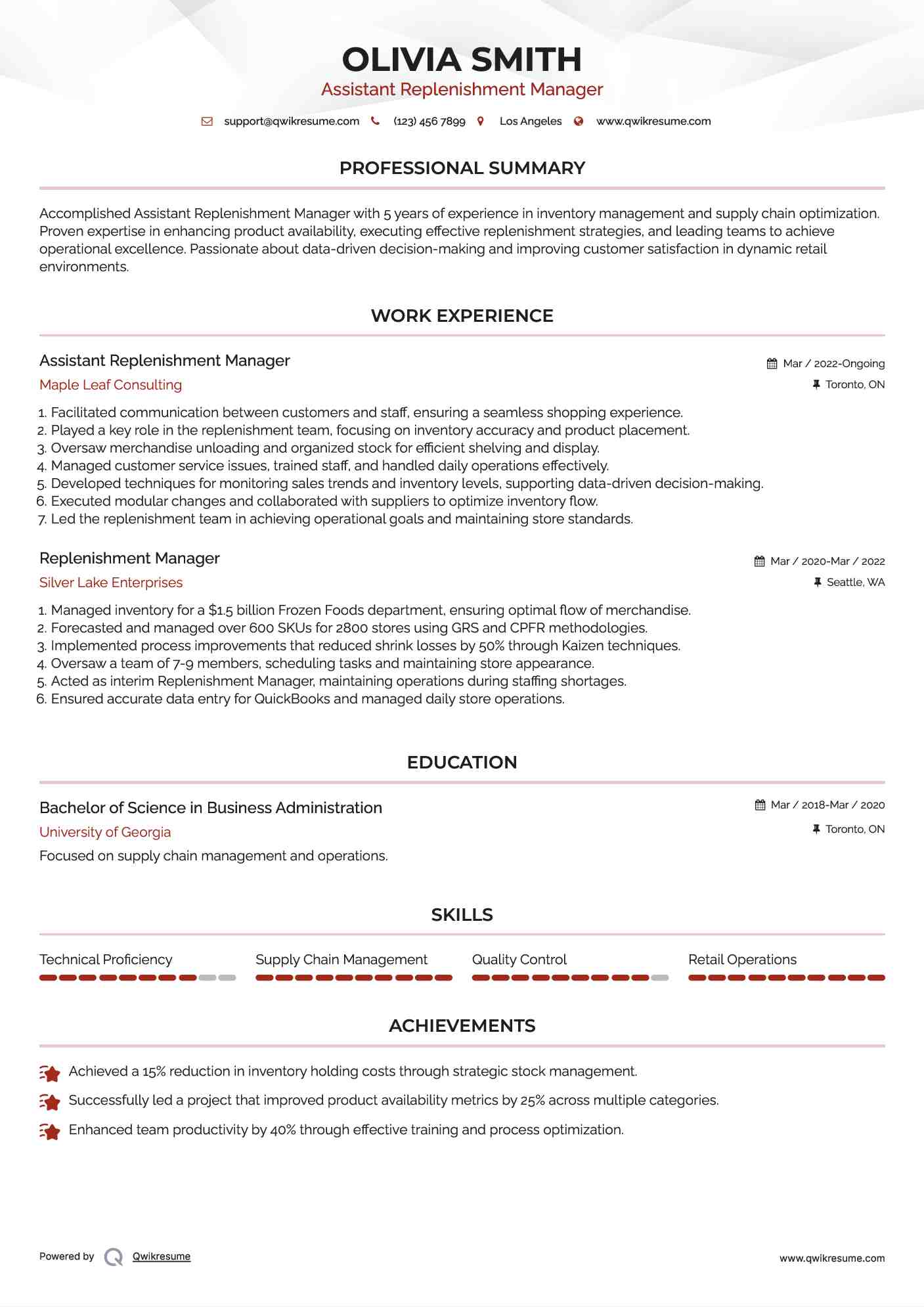Assistant Replenishment Manager Resume Template