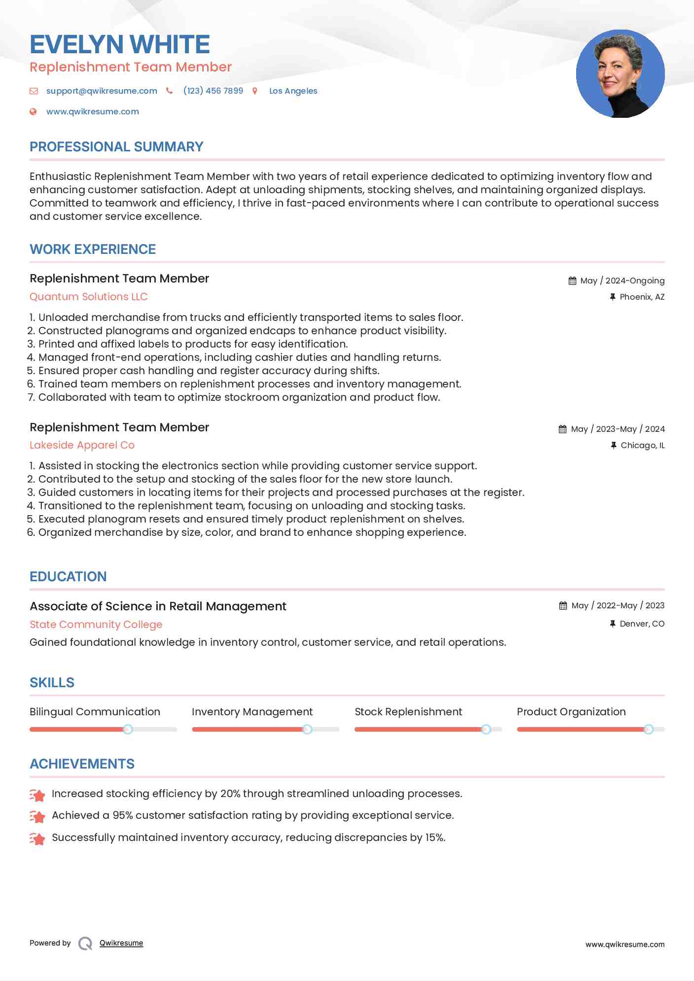 Replenishment Team Member Resume Model
