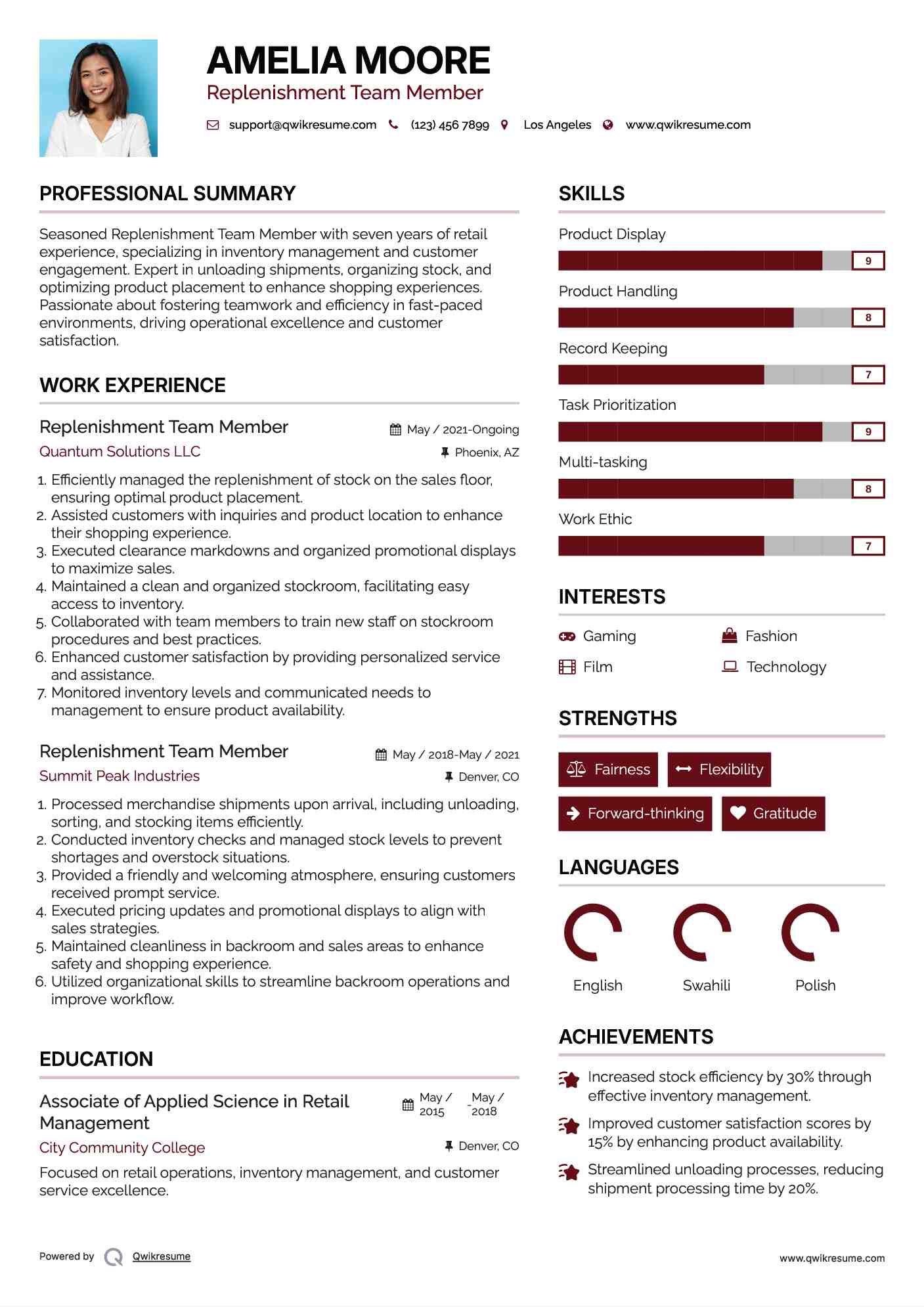 Replenishment Team Member Resume Format
