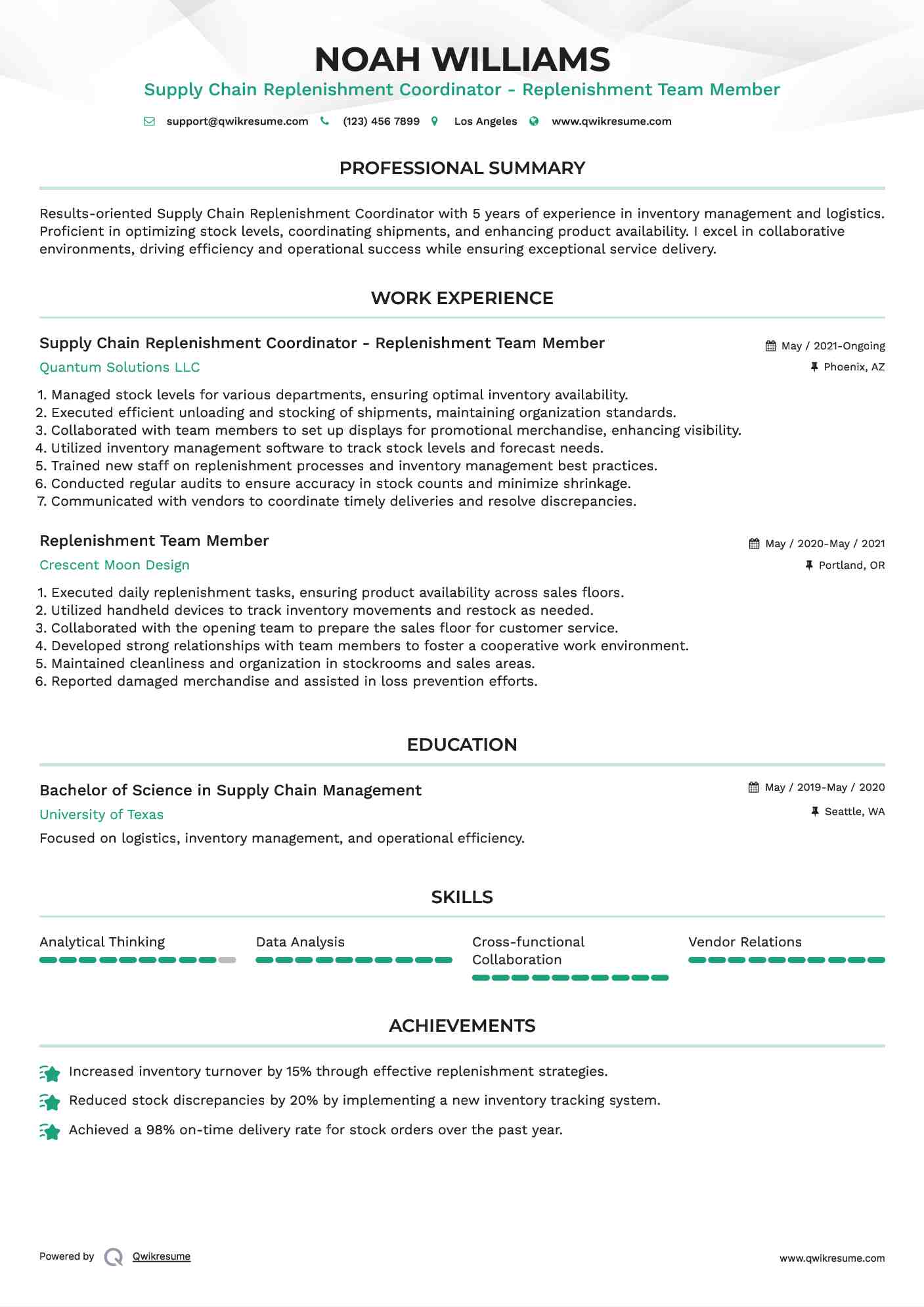 Supply Chain Replenishment Coordinator - Replenishment Team Member Resume Sample