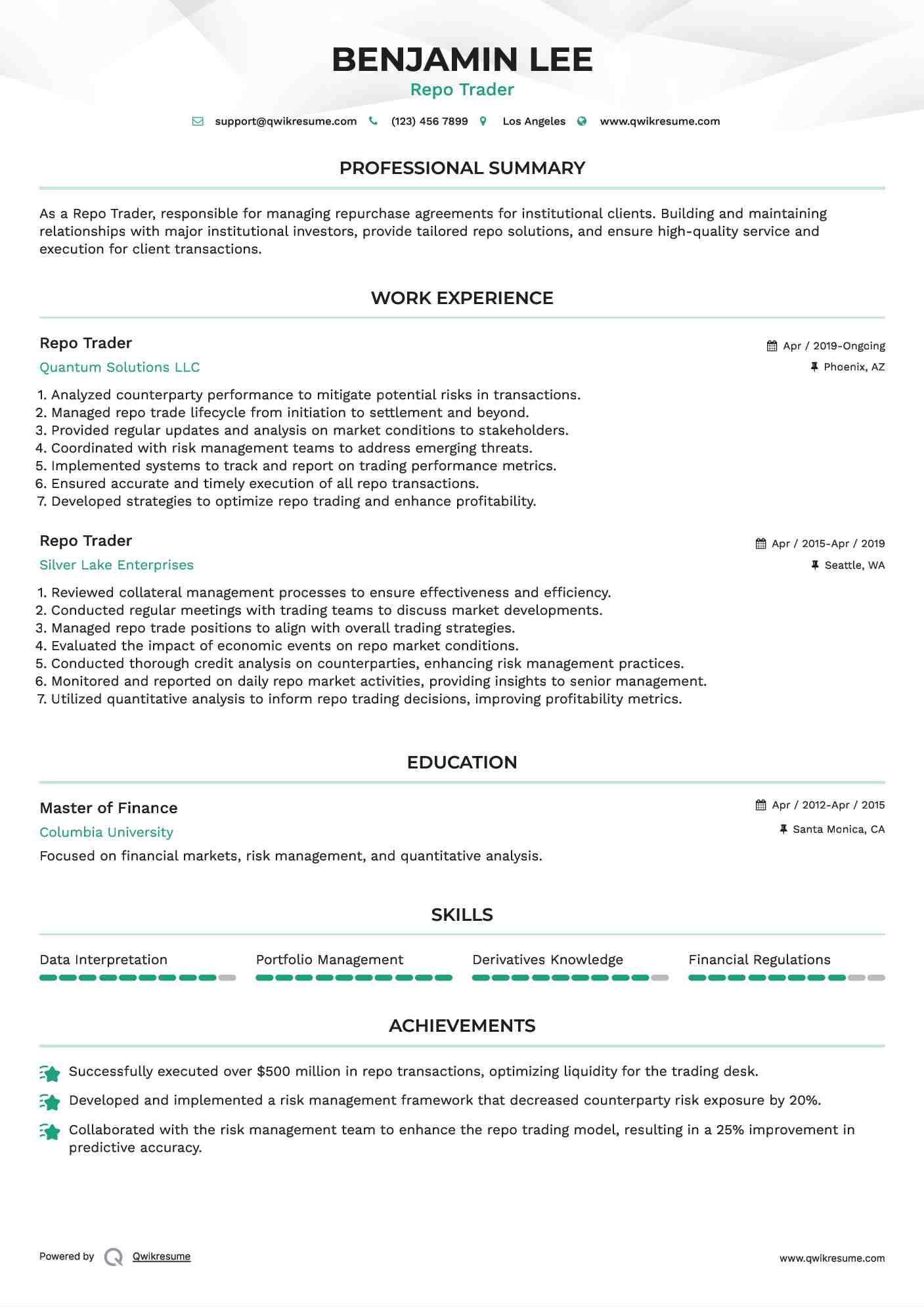Repo Trader Resume Sample
