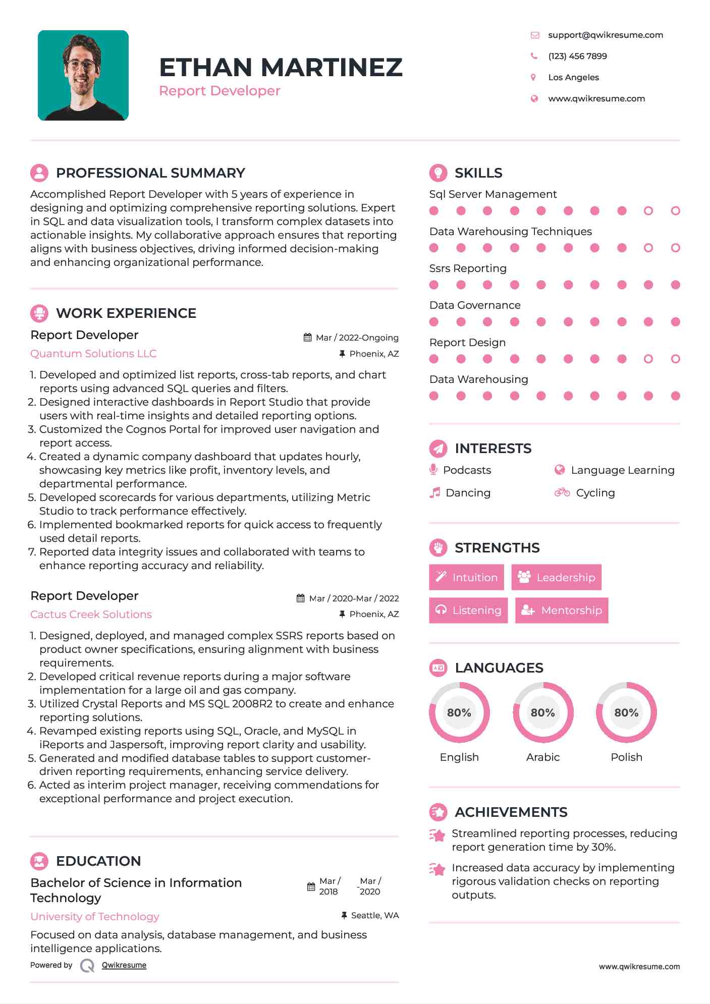 Report Developer Resume Format