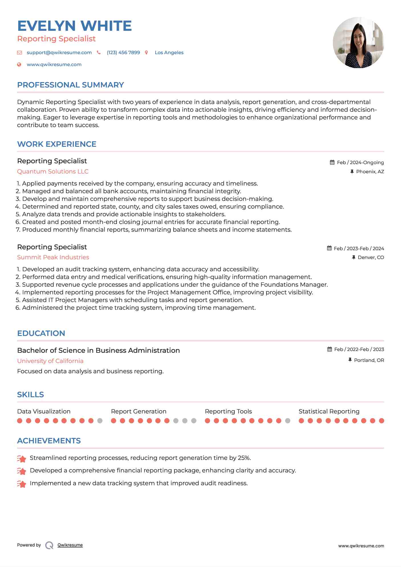 Reporting Specialist Resume Sample