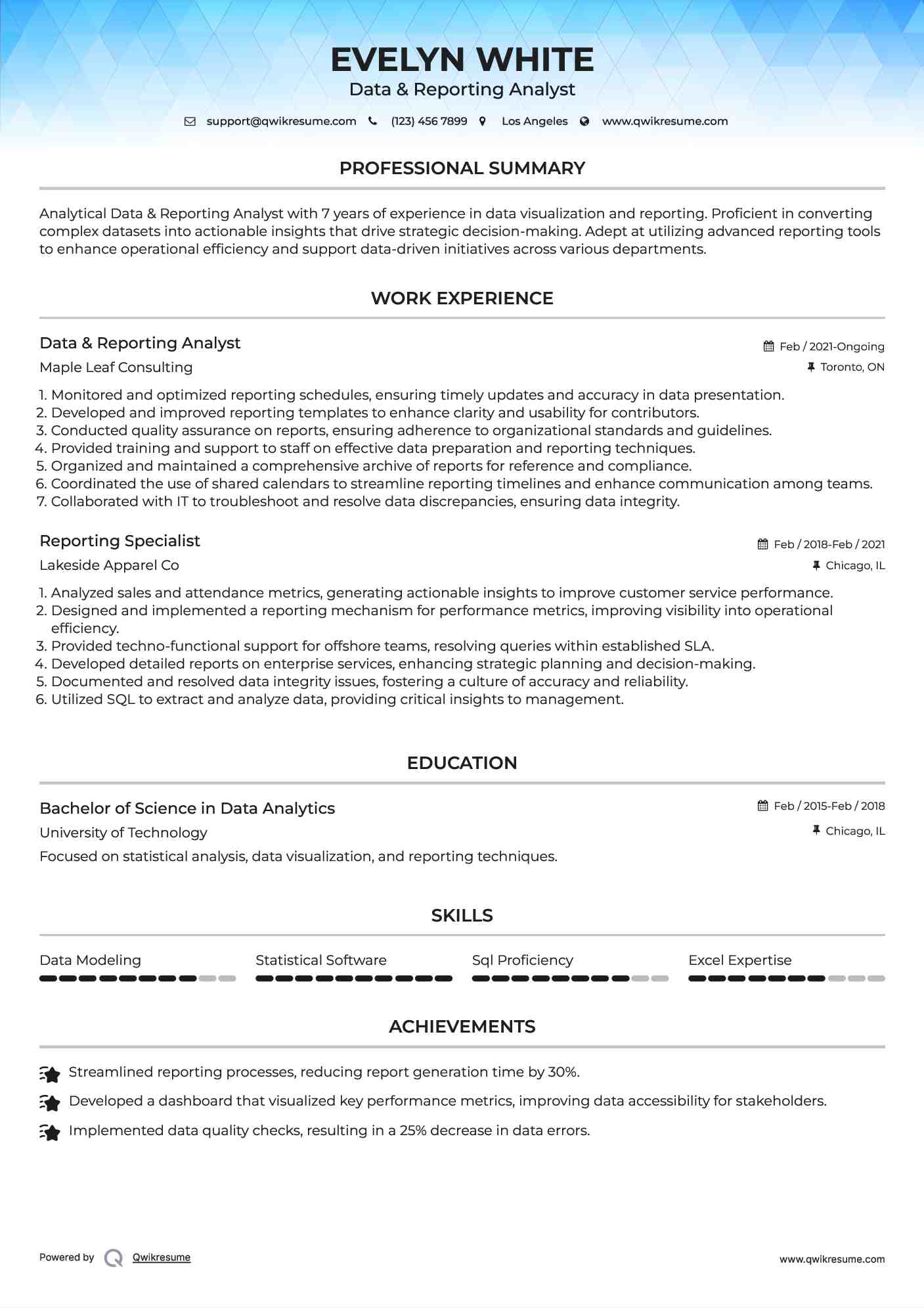 Data & Reporting Analyst Resume Sample