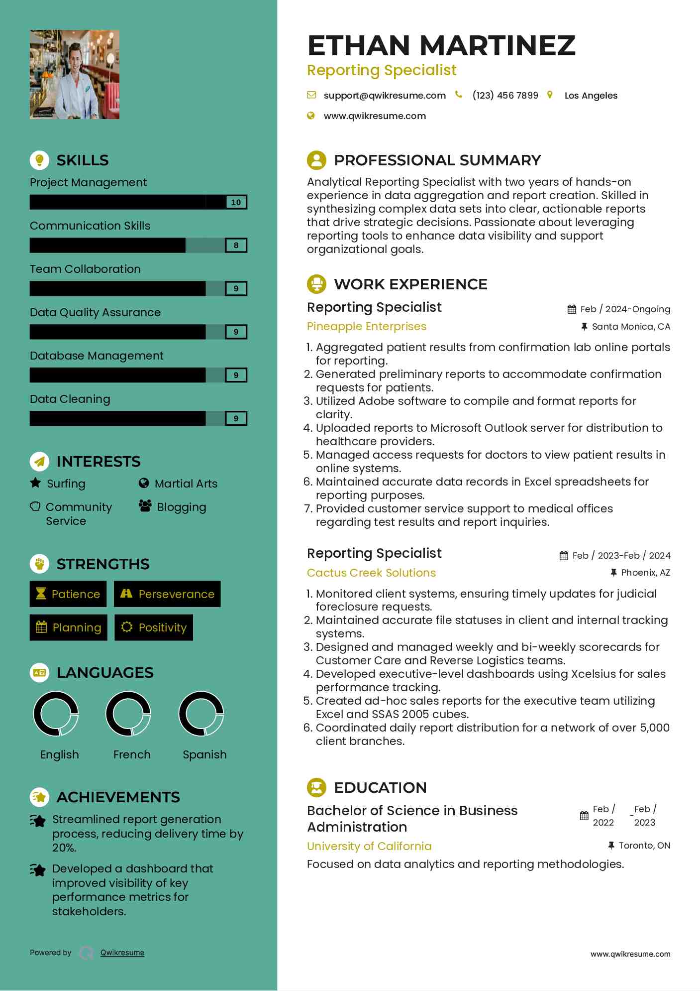 Reporting Specialist Resume Example