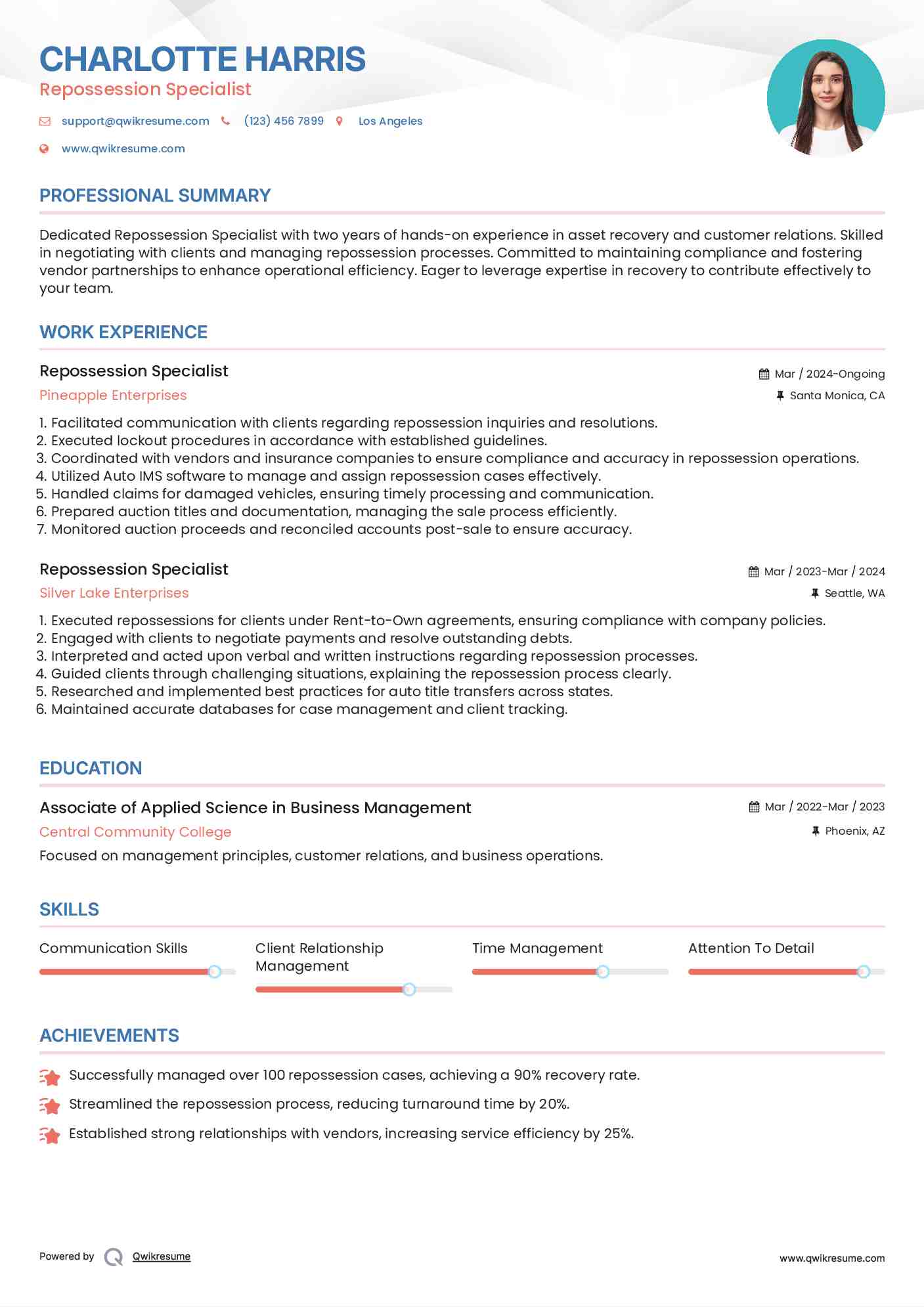 Repossession Specialist Resume Template