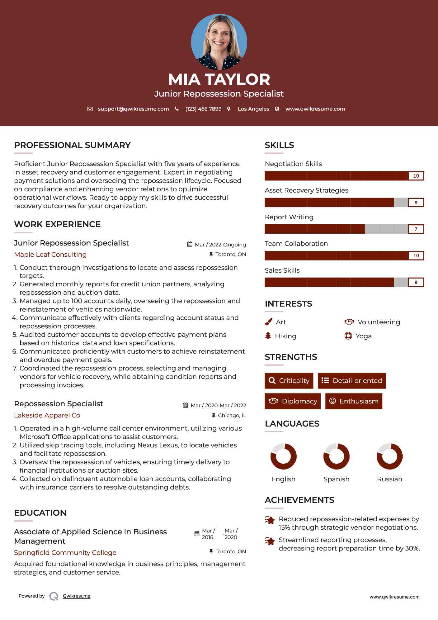 Junior Repossession Specialist Resume Example