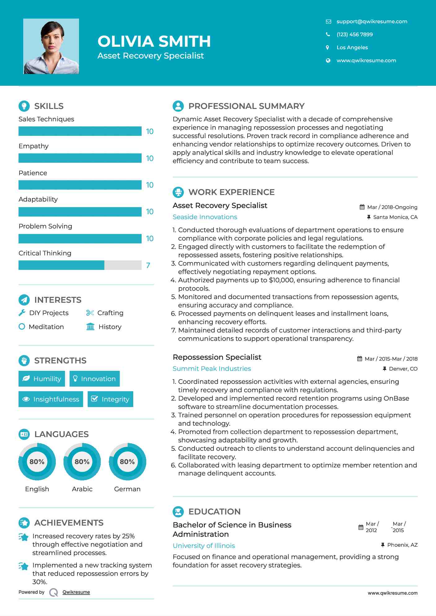Asset Recovery Specialist Resume Sample