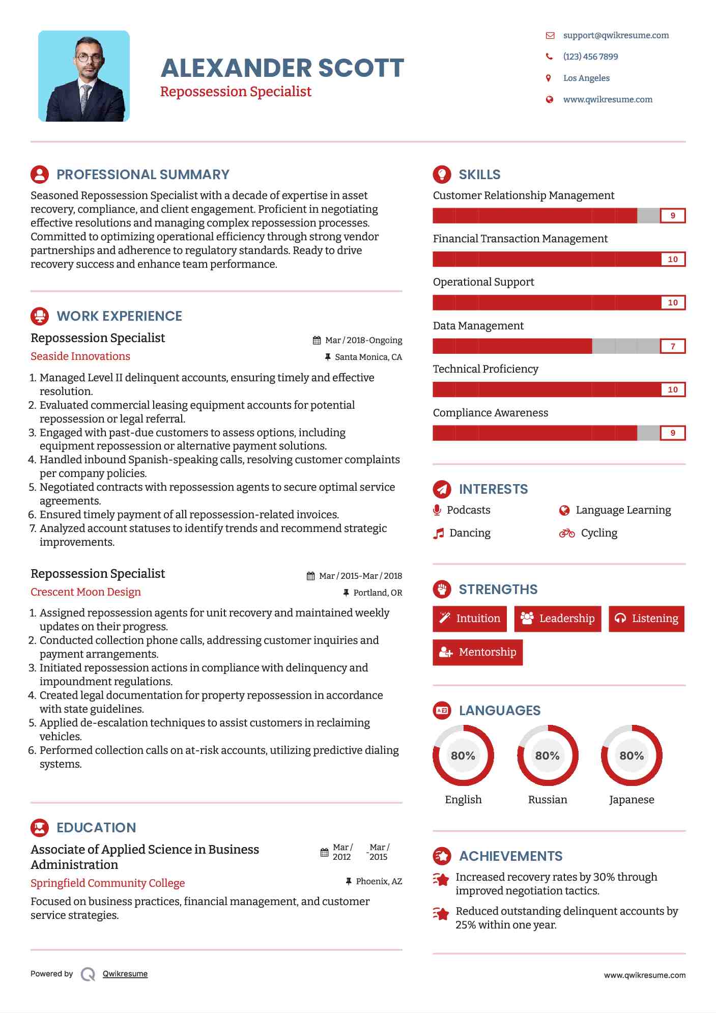 Repossession Specialist Resume Sample