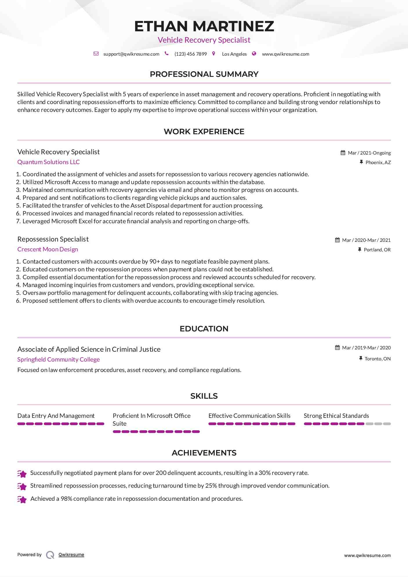 Vehicle Recovery Specialist Resume Format