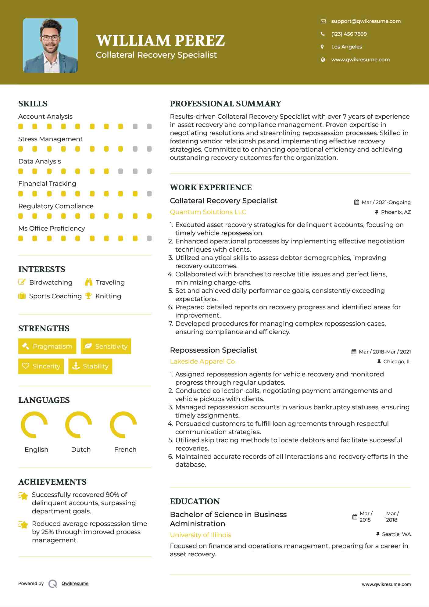 Collateral Recovery Specialist Resume Model