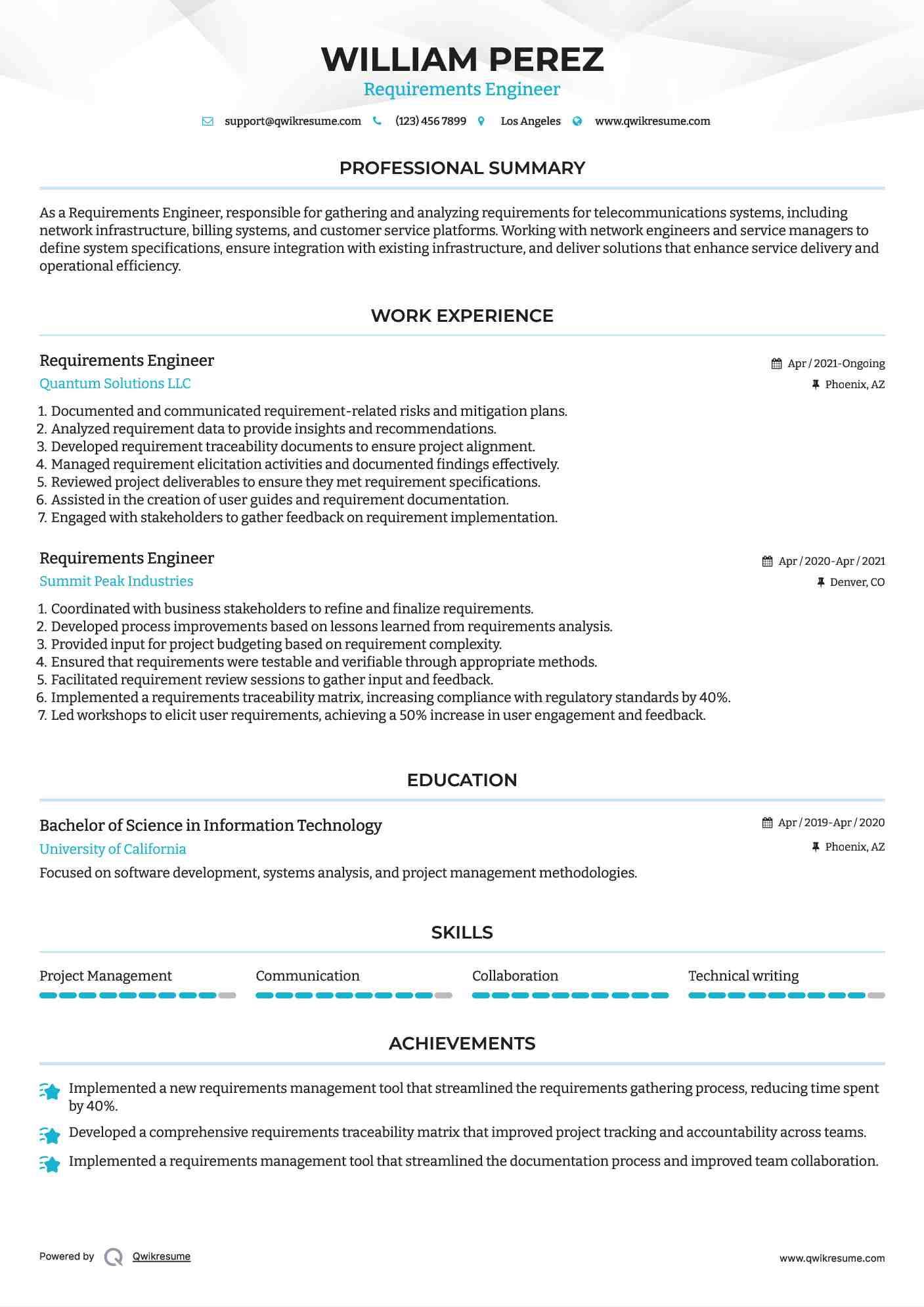 Requirements Engineer Resume Example