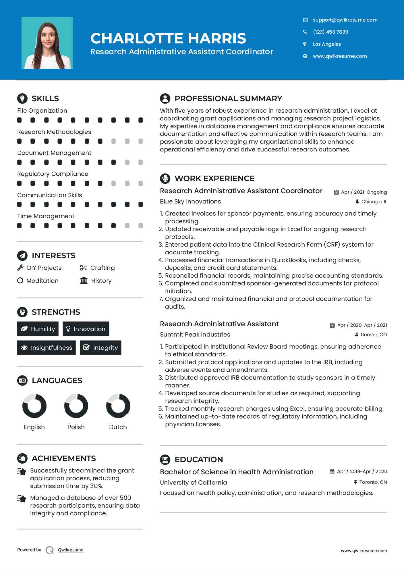 Research Administrative Assistant Coordinator Resume Example