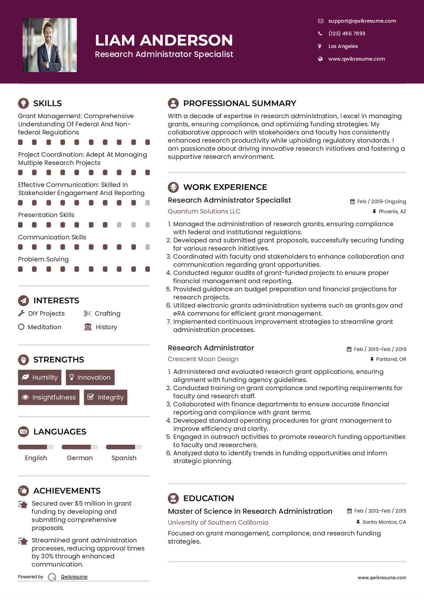 Research Administrator Specialist Resume Model