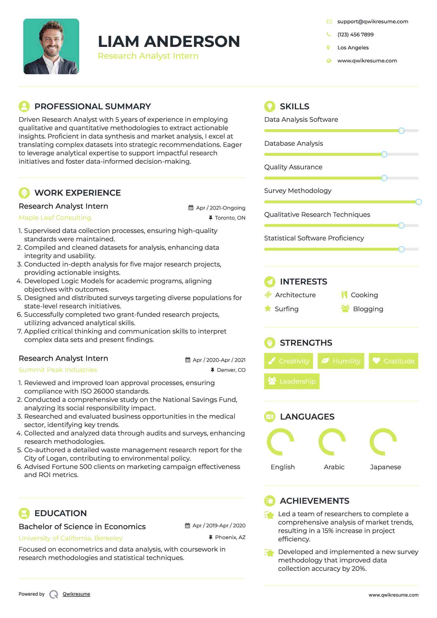 Research Analyst Intern Resume Sample