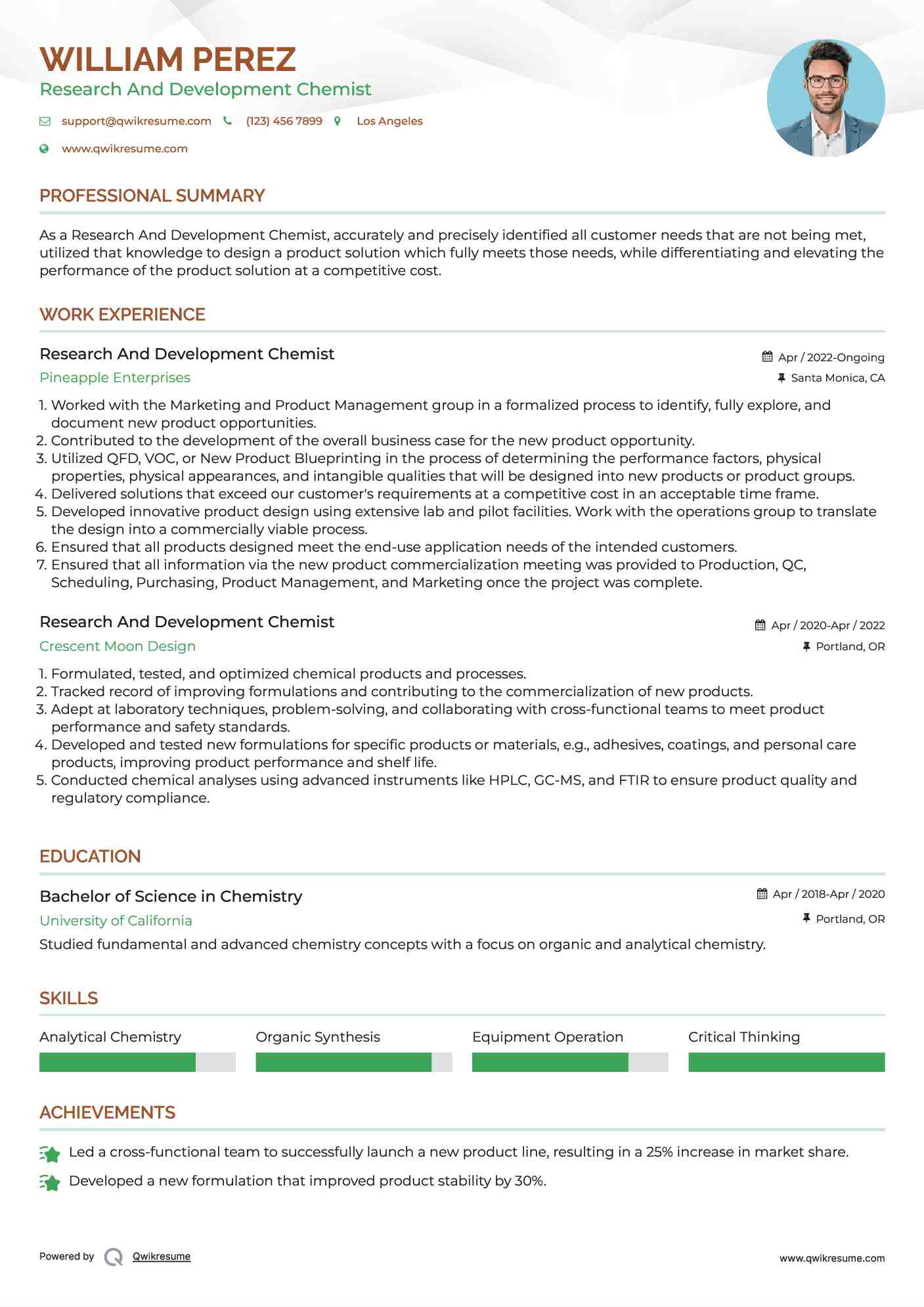 Research And Development Chemist Resume Sample