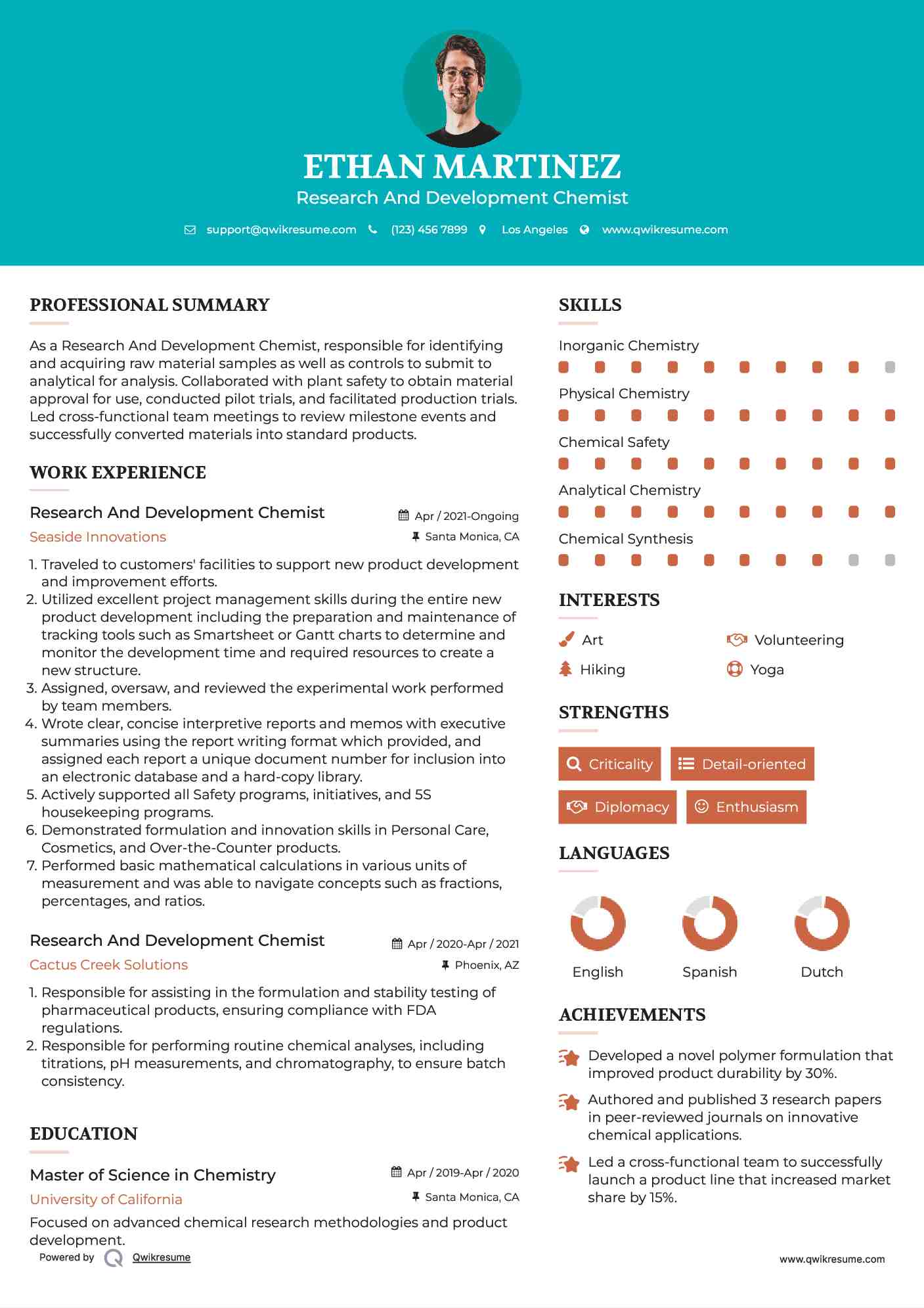 Research And Development Chemist Resume Template
