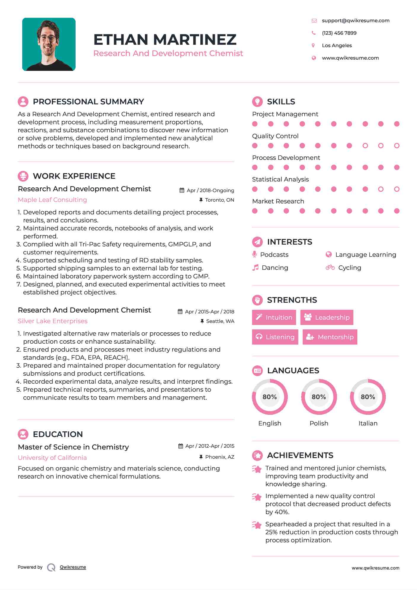 Research And Development Chemist Resume Model