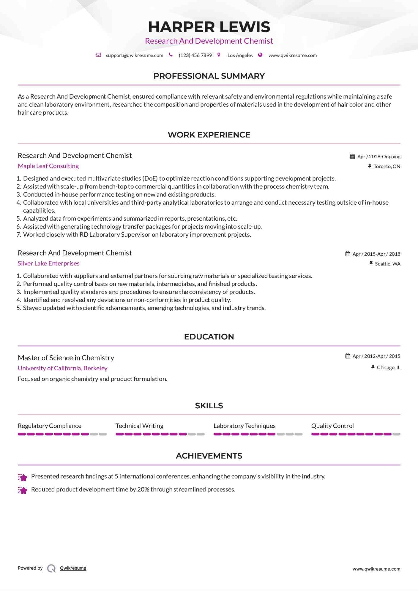 Research And Development Chemist Resume Example