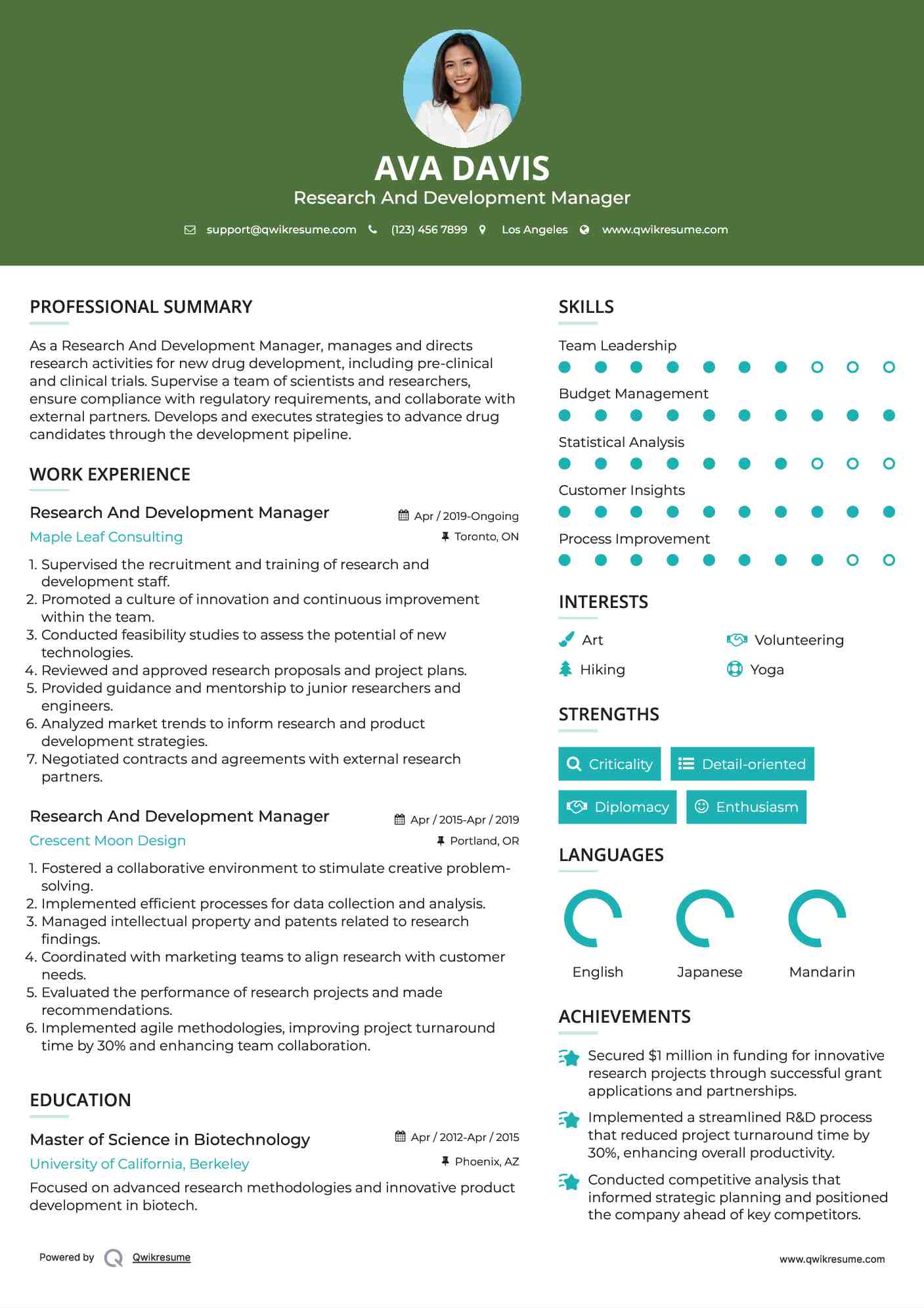 Research And Development Manager Resume Sample