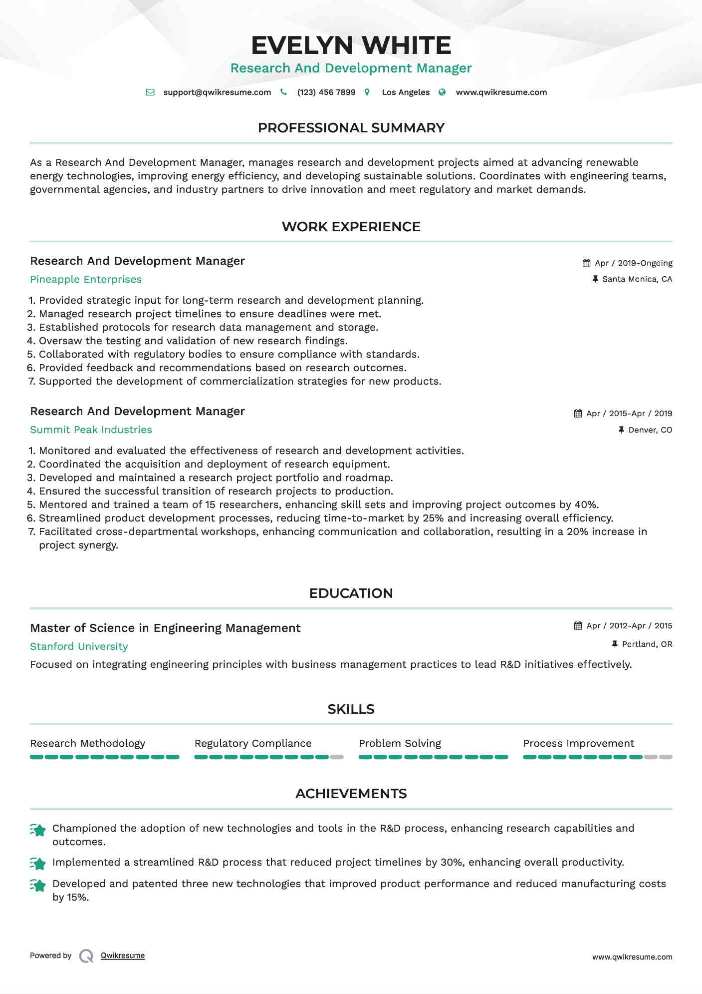 Research And Development Manager Resume Example