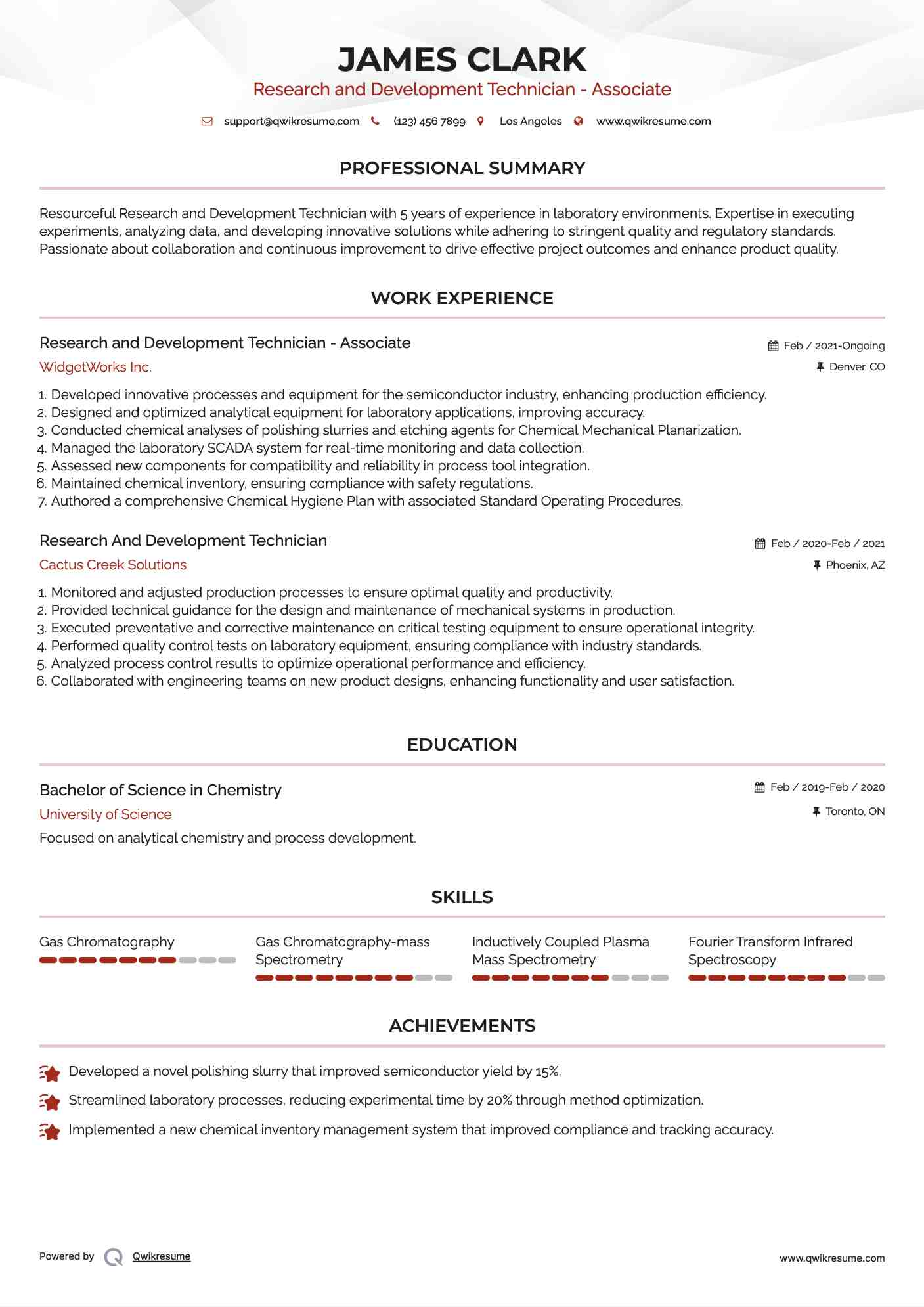 Research and Development Technician - Associate Resume Sample