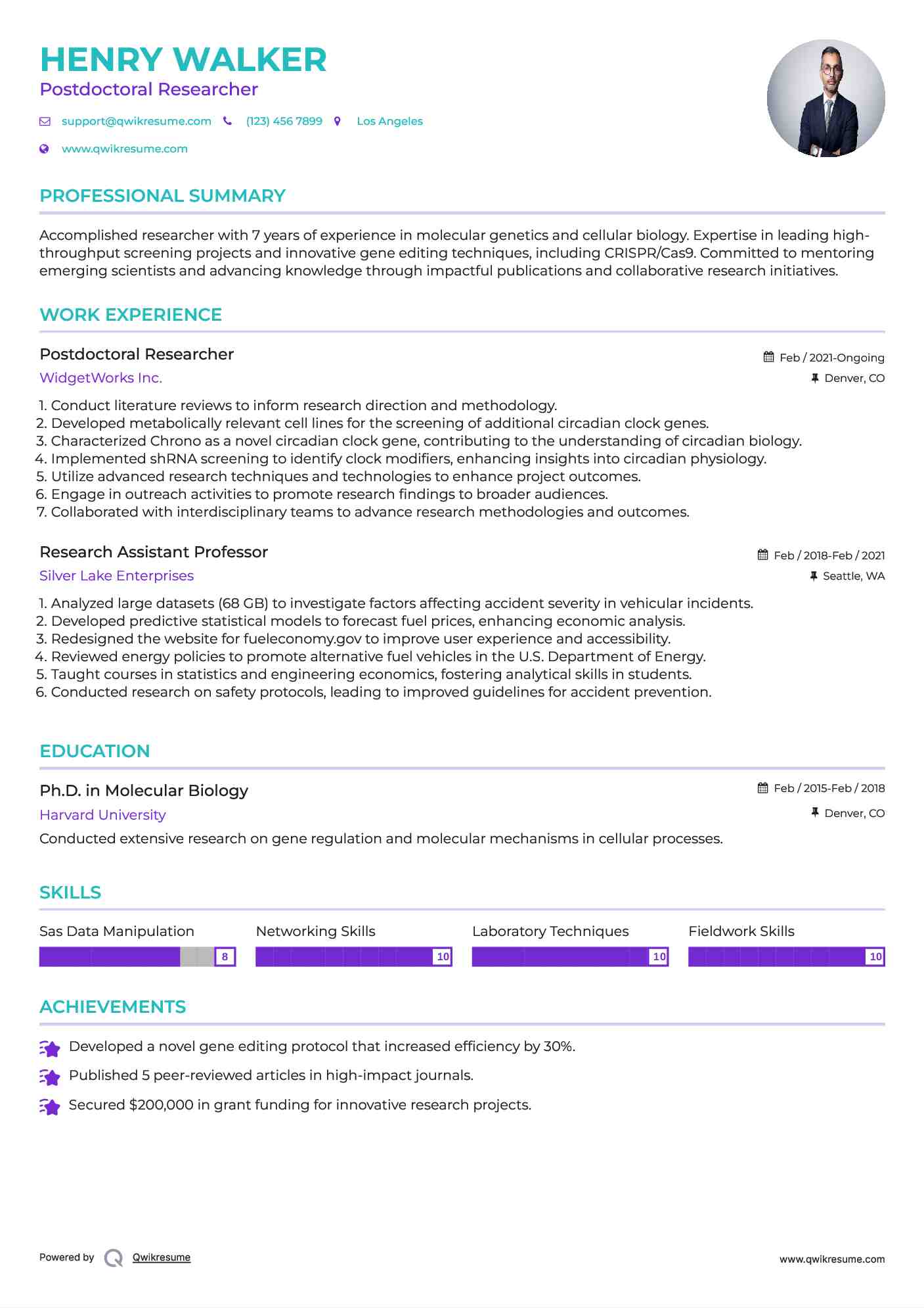 Postdoctoral Researcher Resume Sample