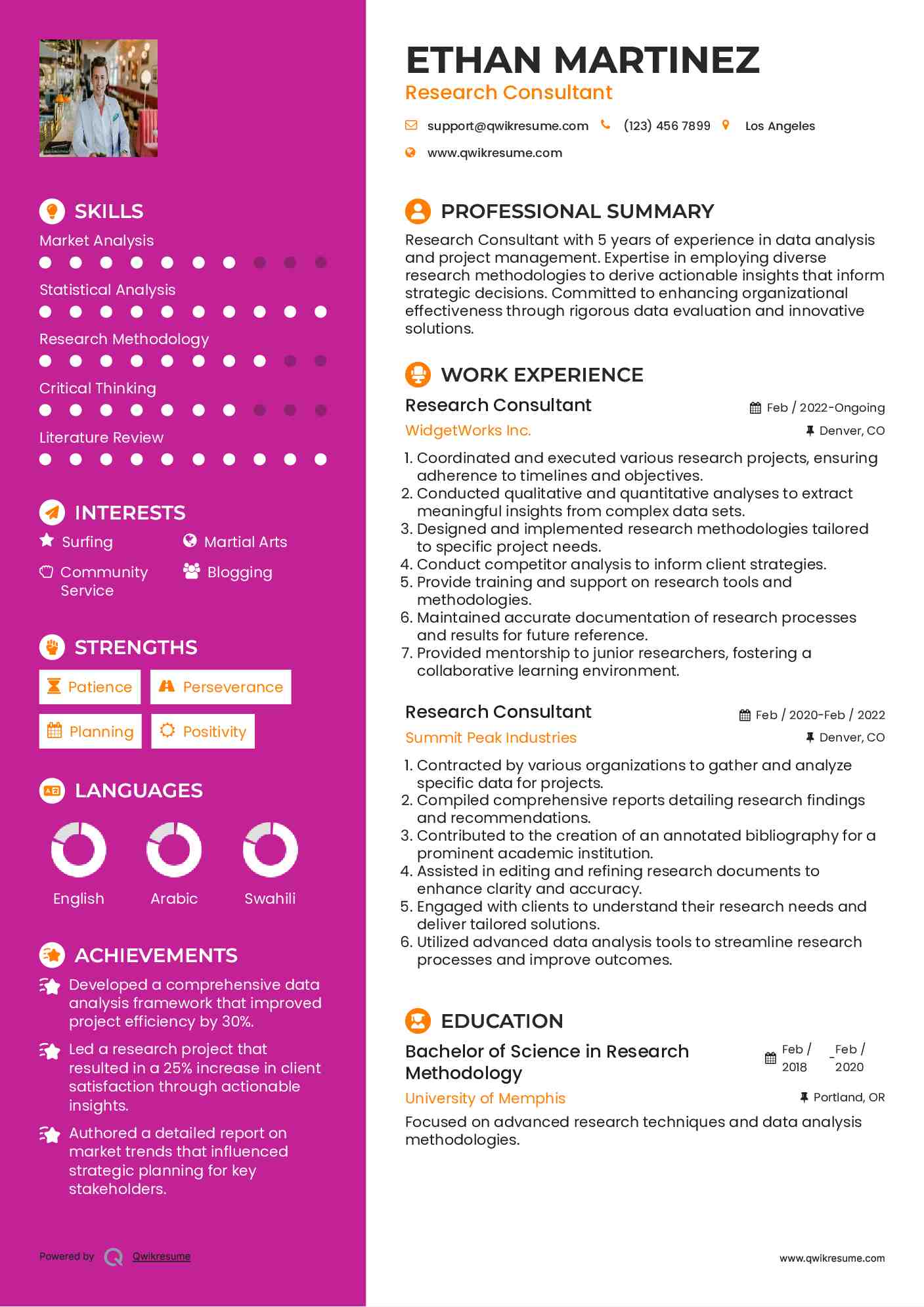 Research Consultant Resume Model