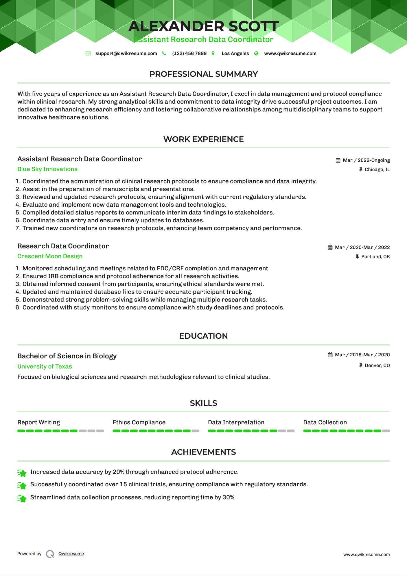 Assistant Research Data Coordinator Resume Format