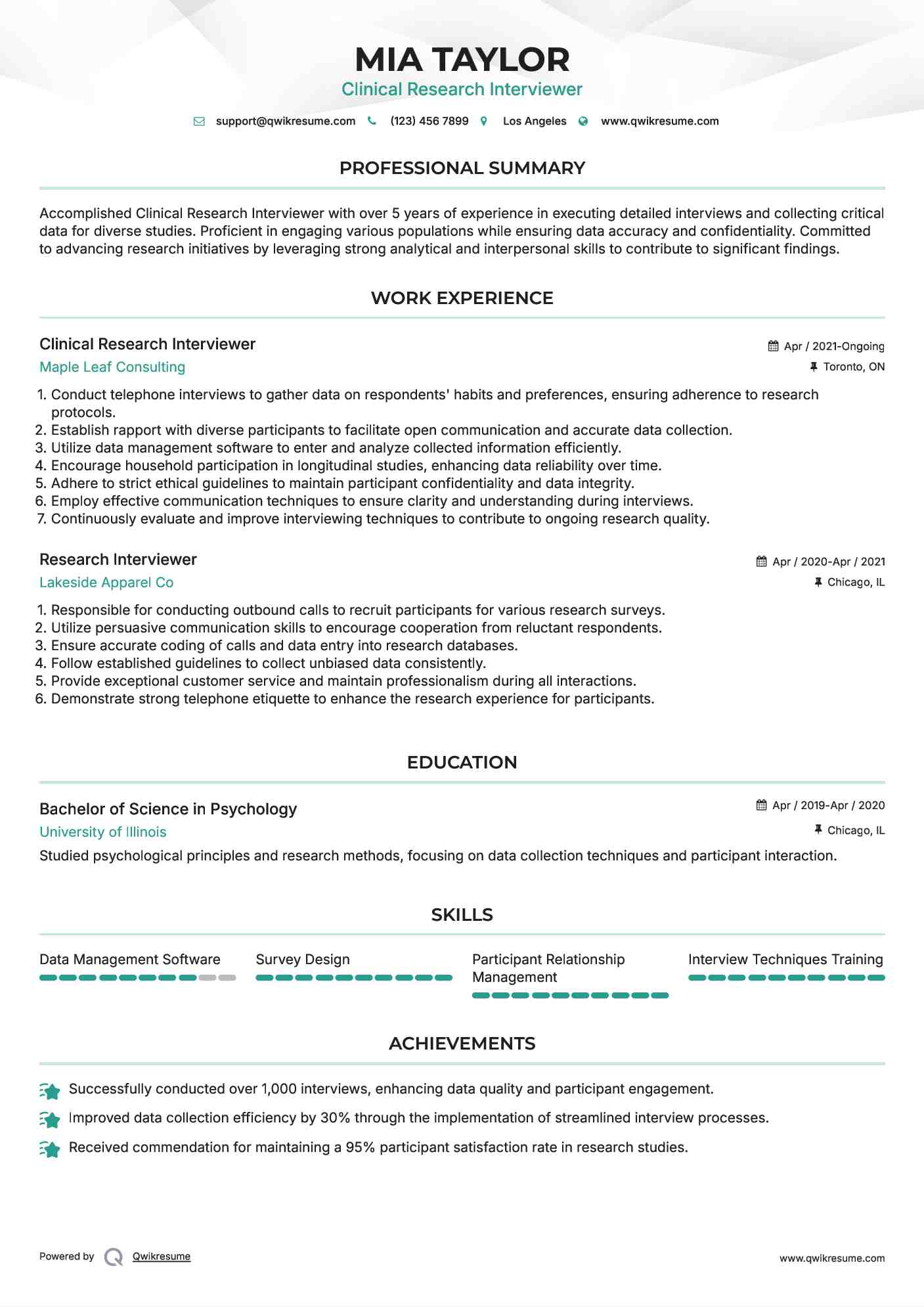 Clinical Research Interviewer Resume Format