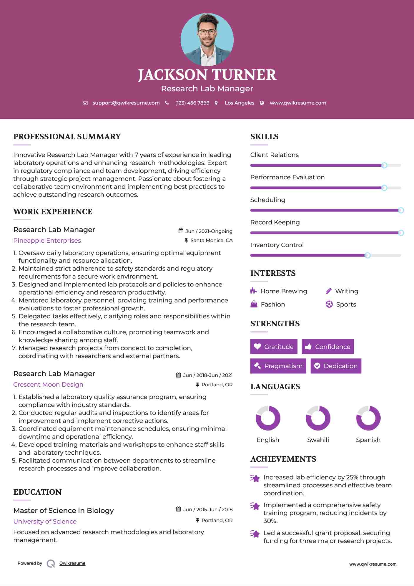 Research Lab Manager Resume Example