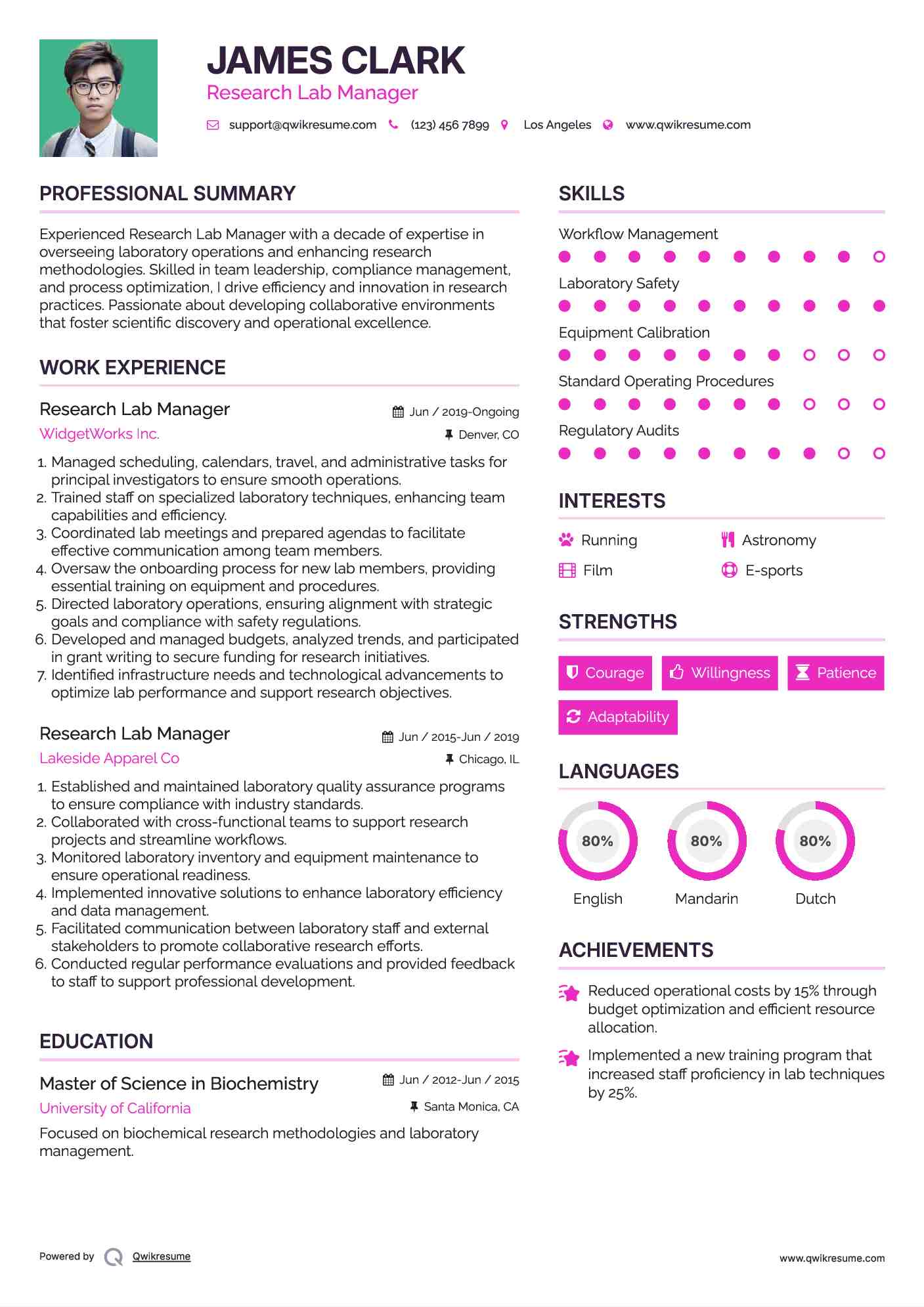 Research Lab Manager Resume Example