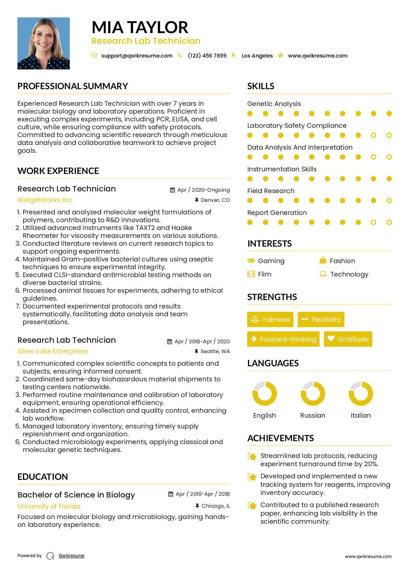 Research Lab Technician Resume Example