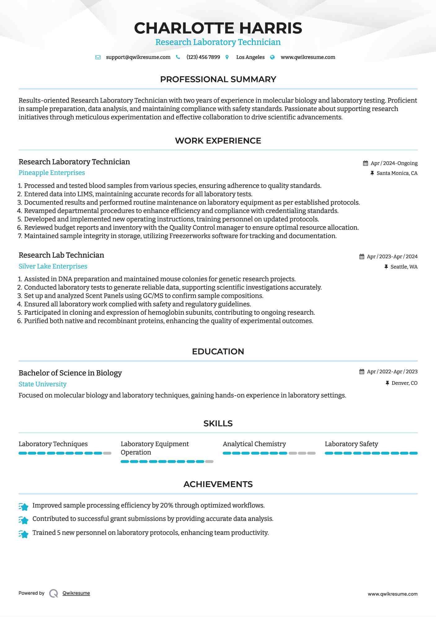 Research Laboratory Technician Resume Format