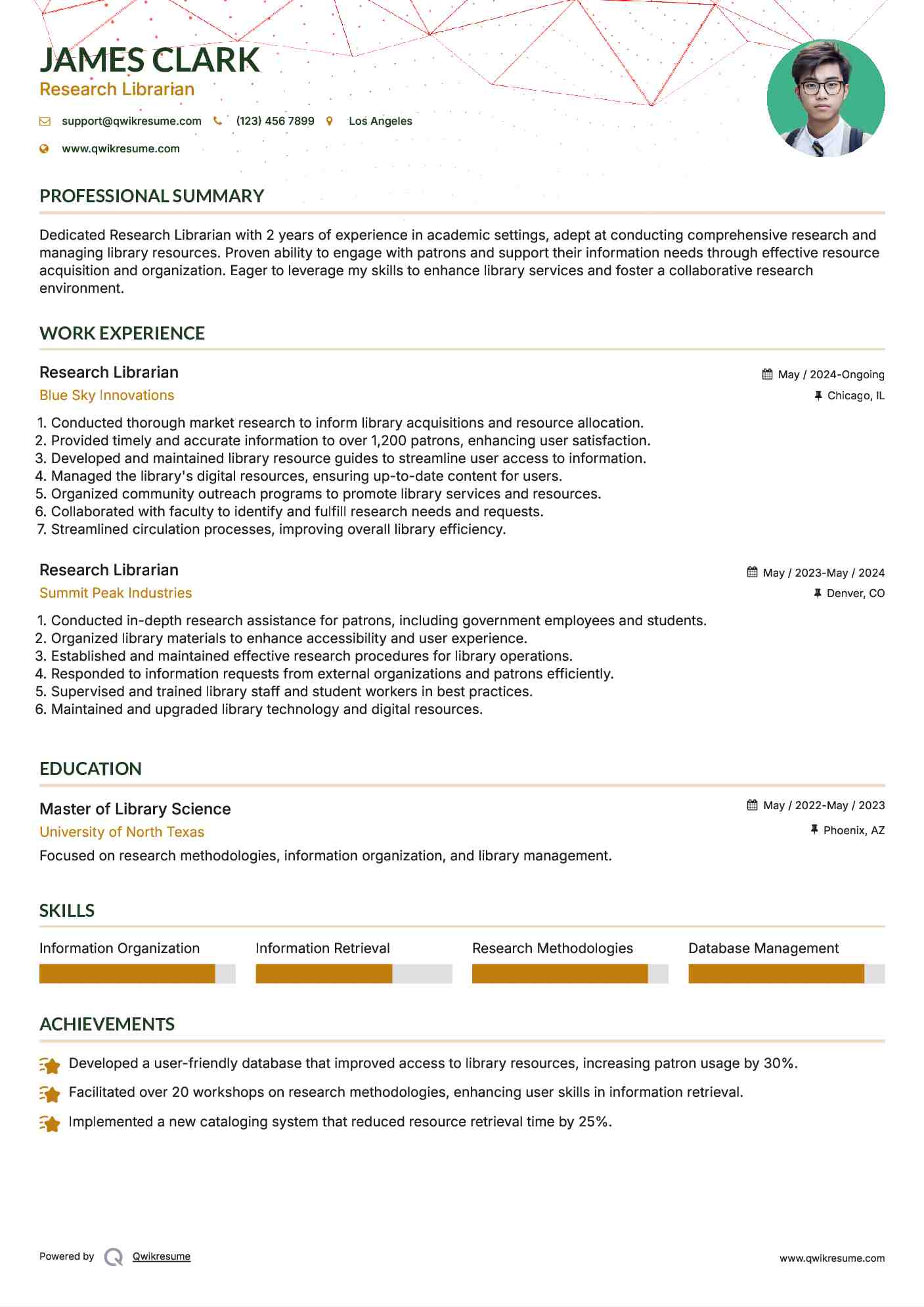 Research Librarian Resume Format