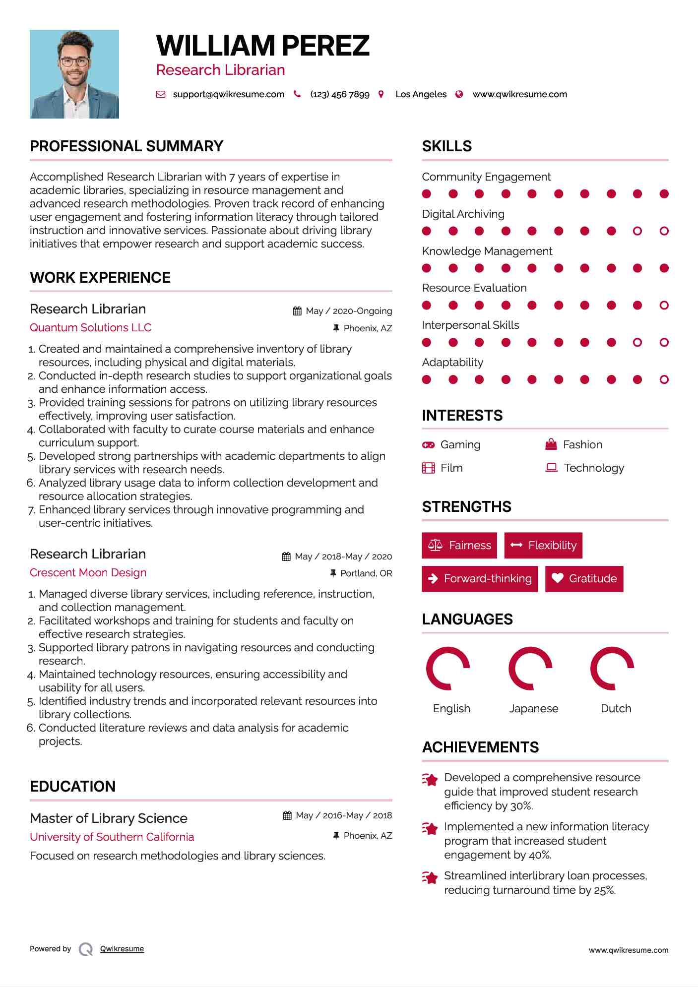 Research Librarian Resume Format