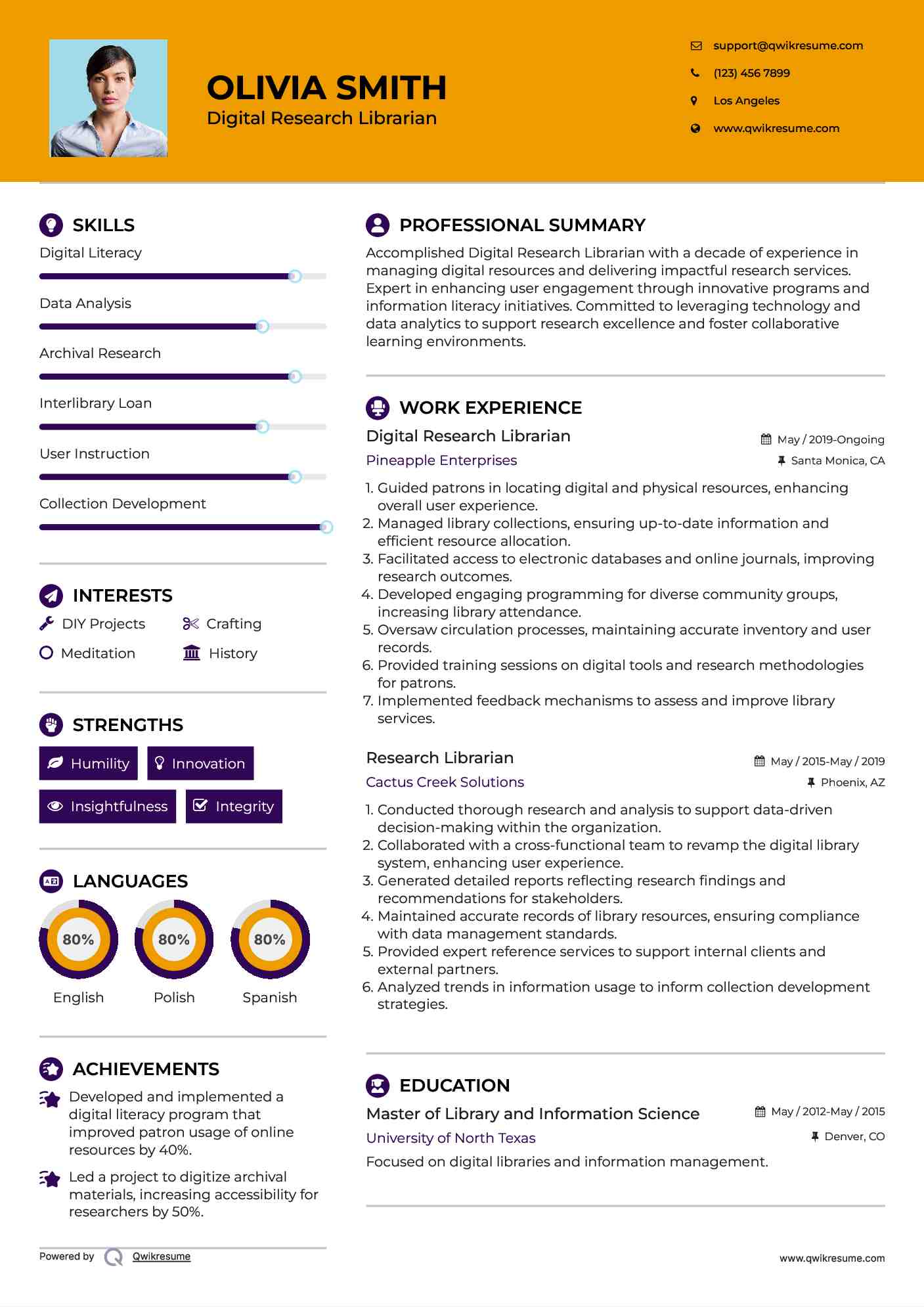Digital Research Librarian Resume Template