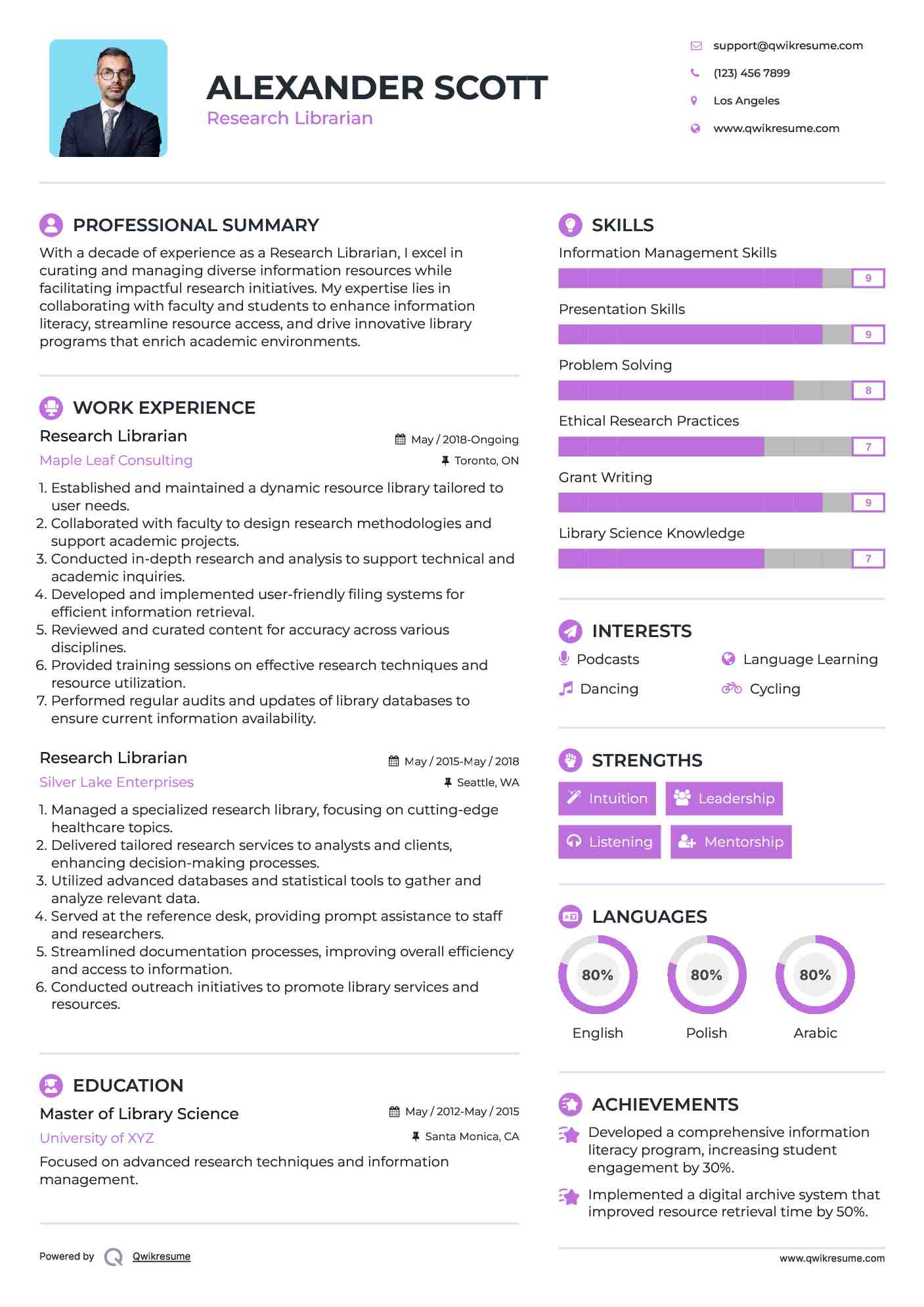 Research Librarian Resume Sample