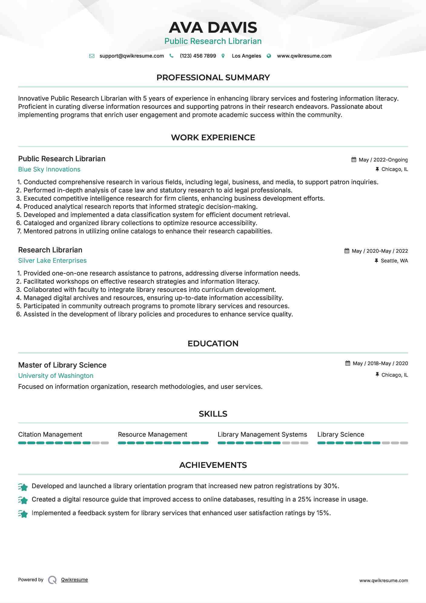 Public Research Librarian Resume Model