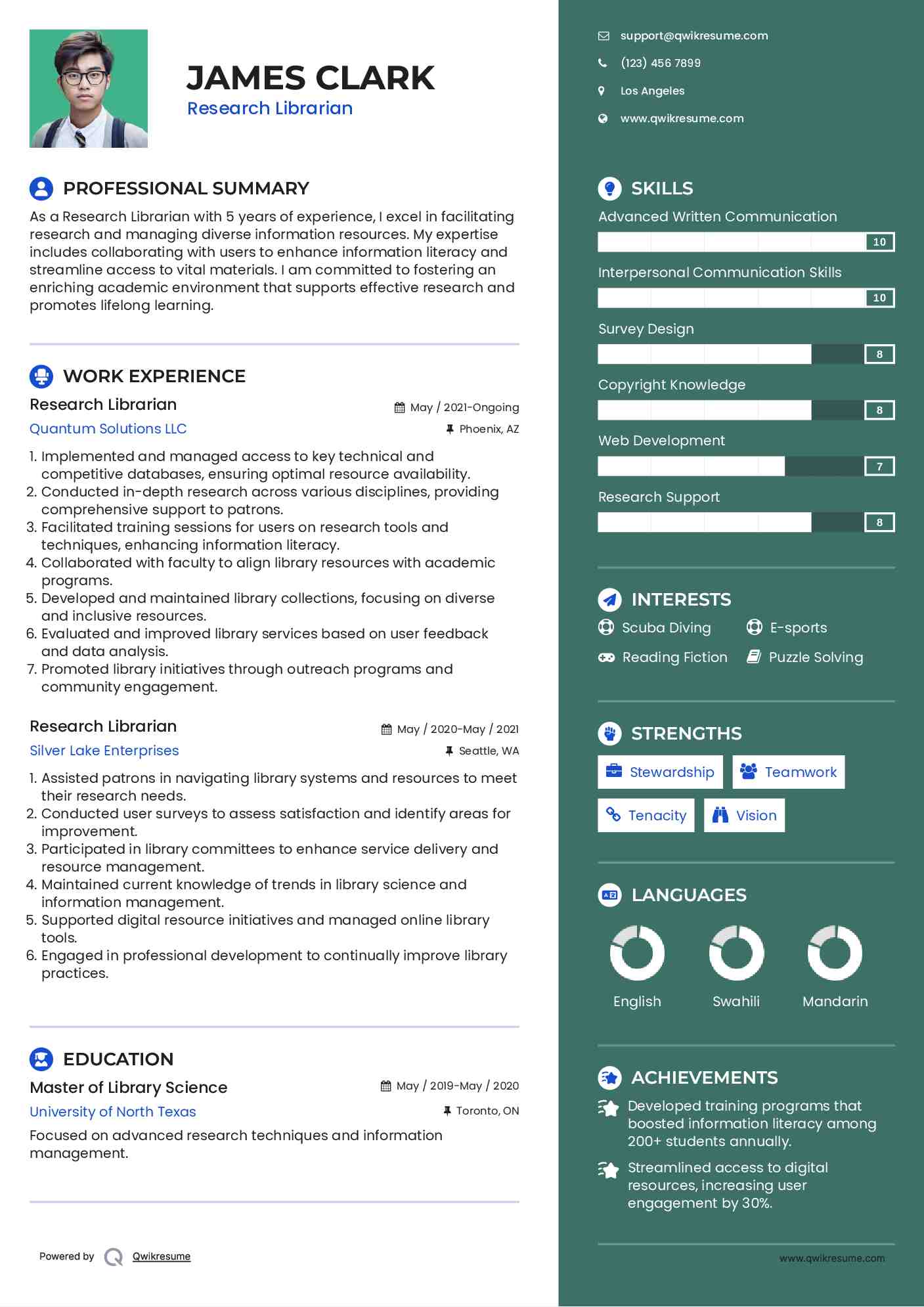 Research Librarian Resume Template