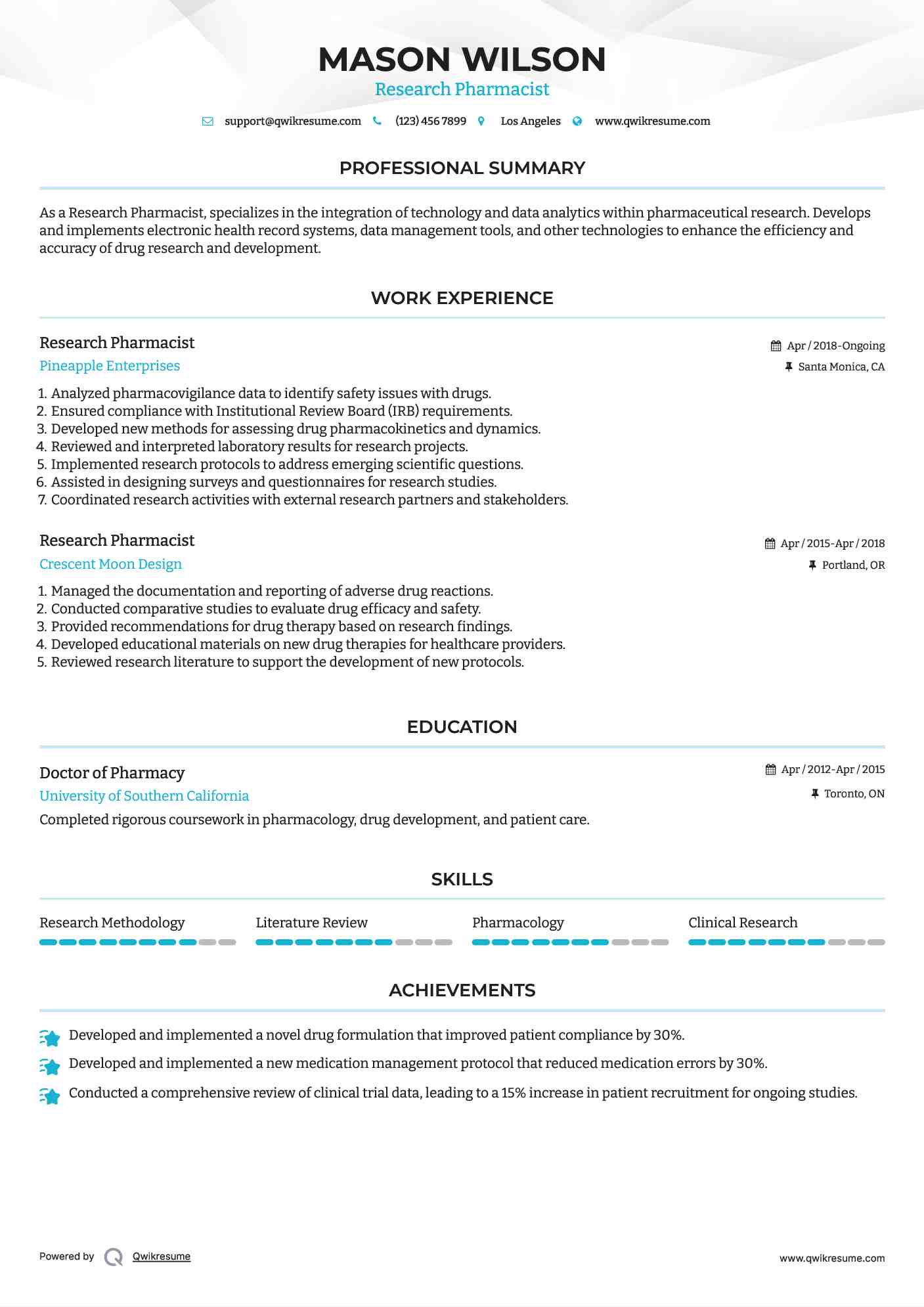 Research Pharmacist Resume Template