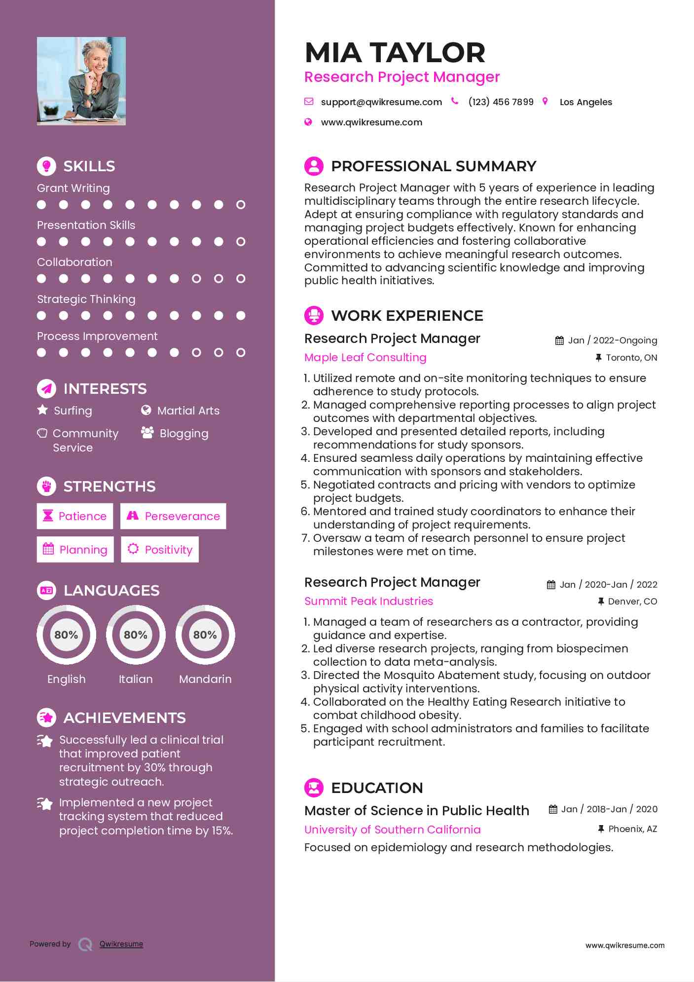 Research Project Manager Resume Format