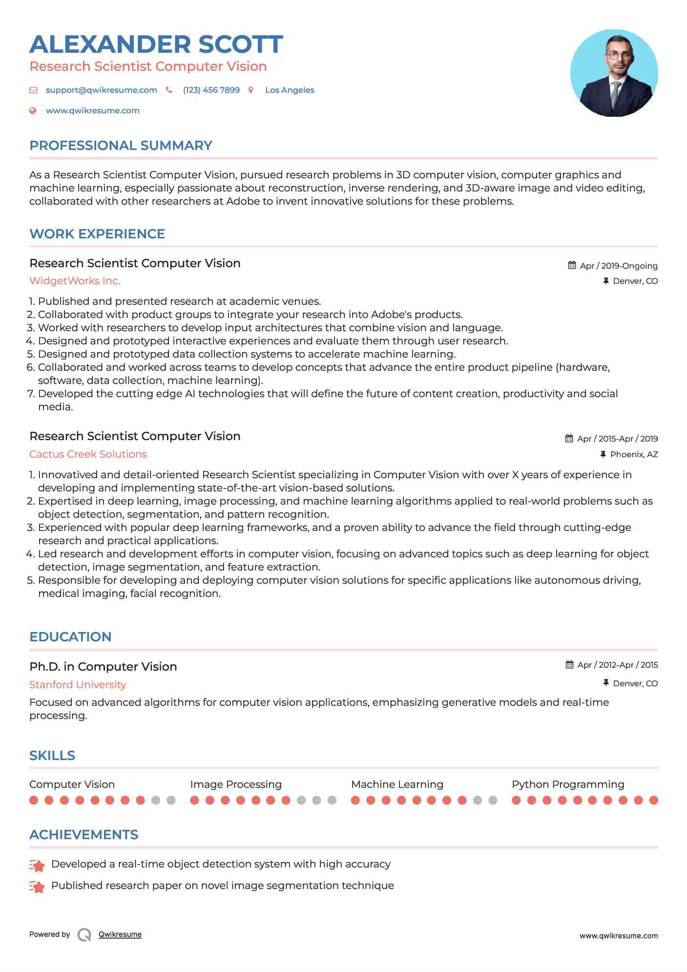 Research Scientist Computer Vision Resume Model
