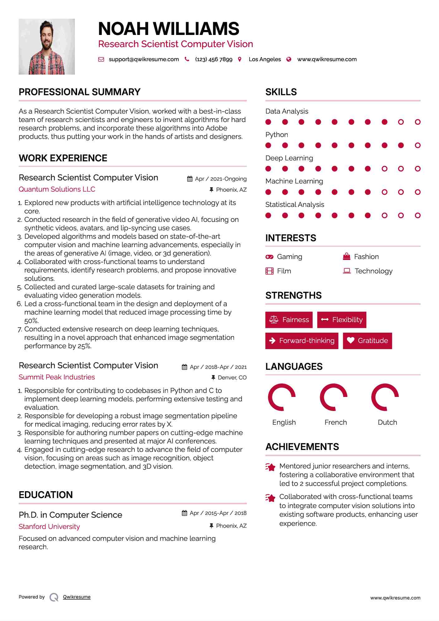 Research Scientist Computer Vision Resume Model