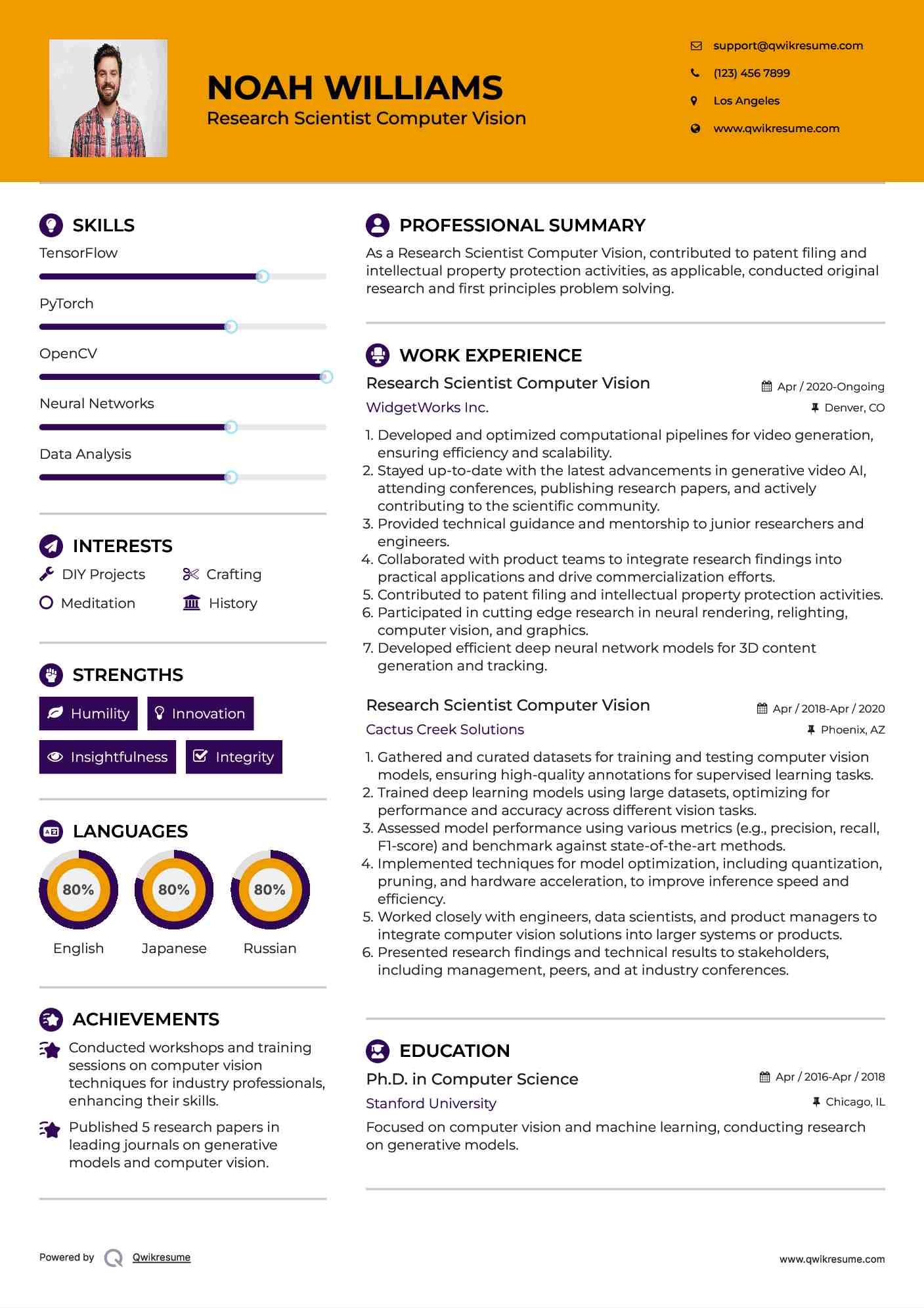 Research Scientist Computer Vision Resume Sample