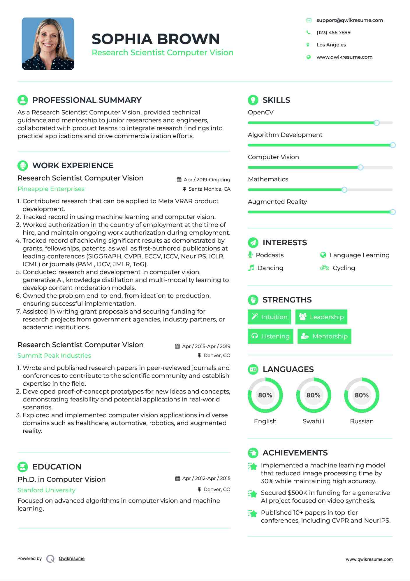 Research Scientist Computer Vision Resume Template