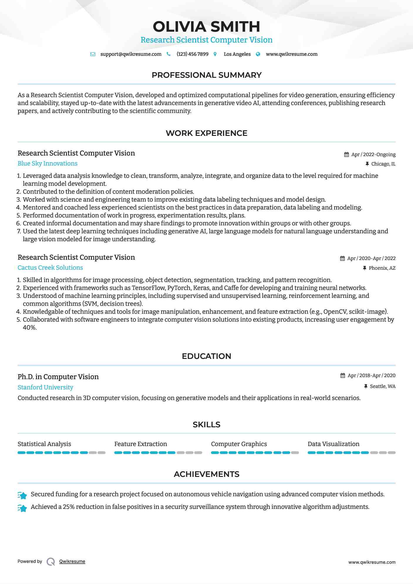 Research Scientist Computer Vision Resume Model
