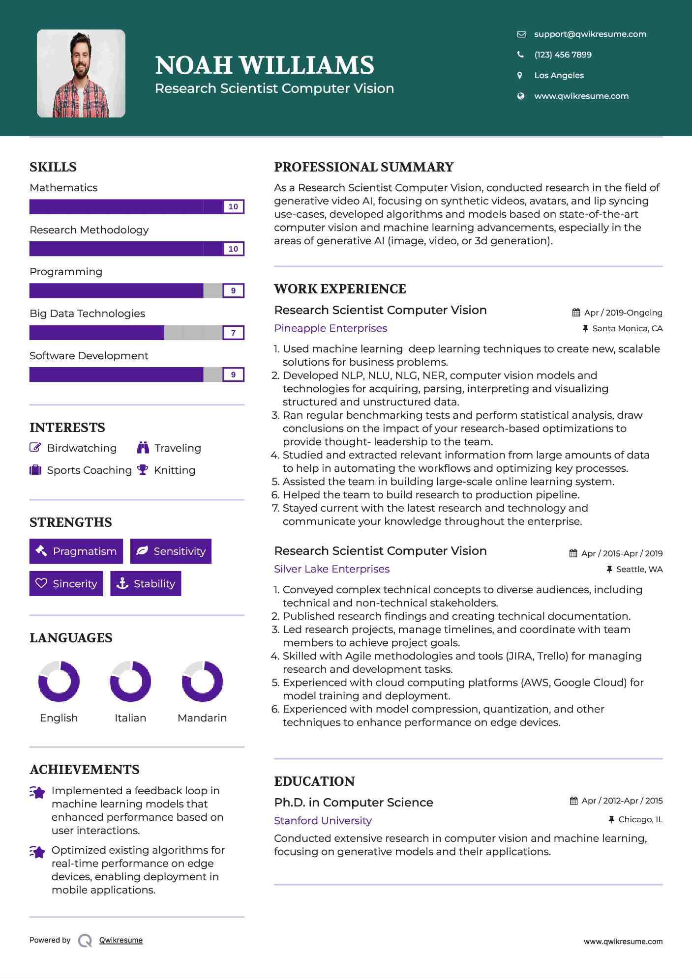 Research Scientist Computer Vision Resume Sample